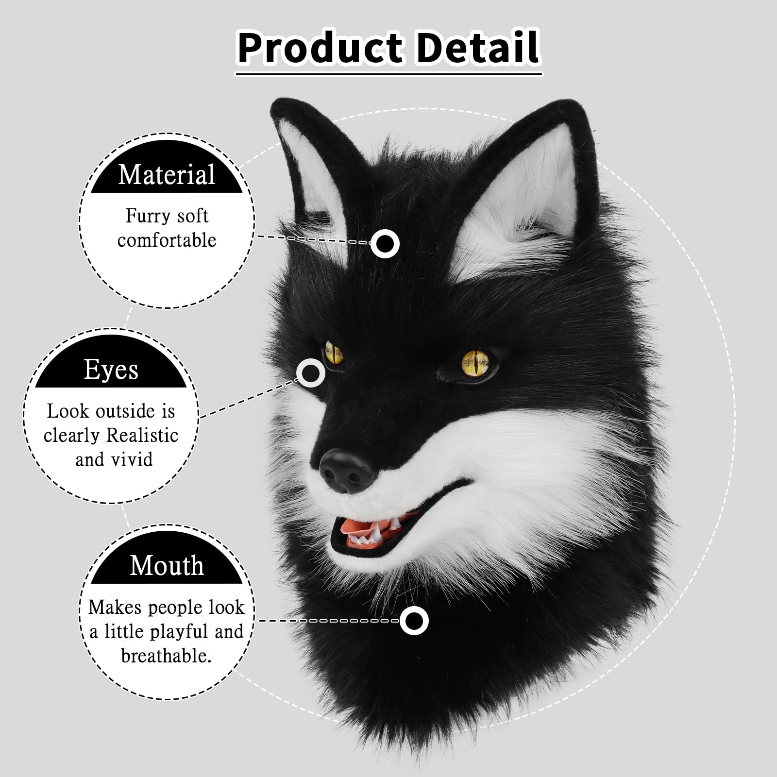 PPFINE Animal Faux Fur Wolf Dog Furry Full Head Mask Cosplay Costume Accessories for Halloween Party, Blackwhite - Image 4
