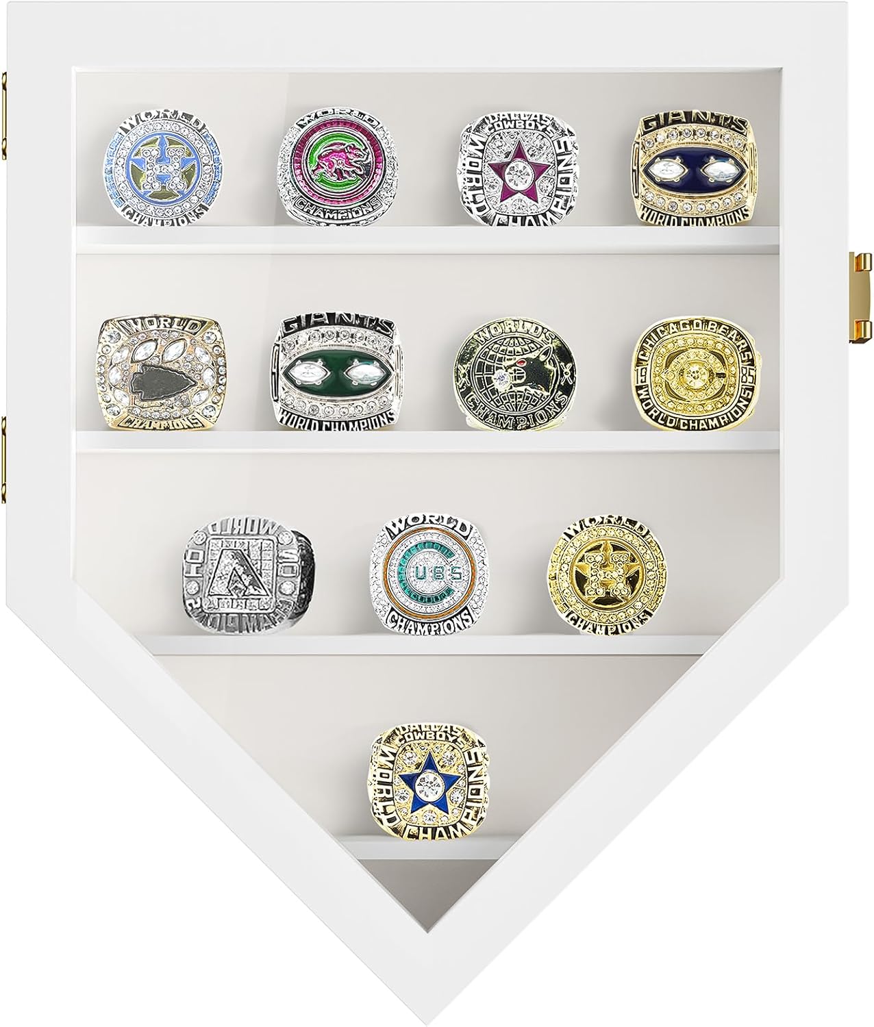 TJ.MOREE Championship Ring Display Case, 12 Ring Posts Baseball Ring Display Case, Wall Mount Wooden Glass Shadow Box with Locks to Show Sport, Class, Fraternity, and Award Rings - White