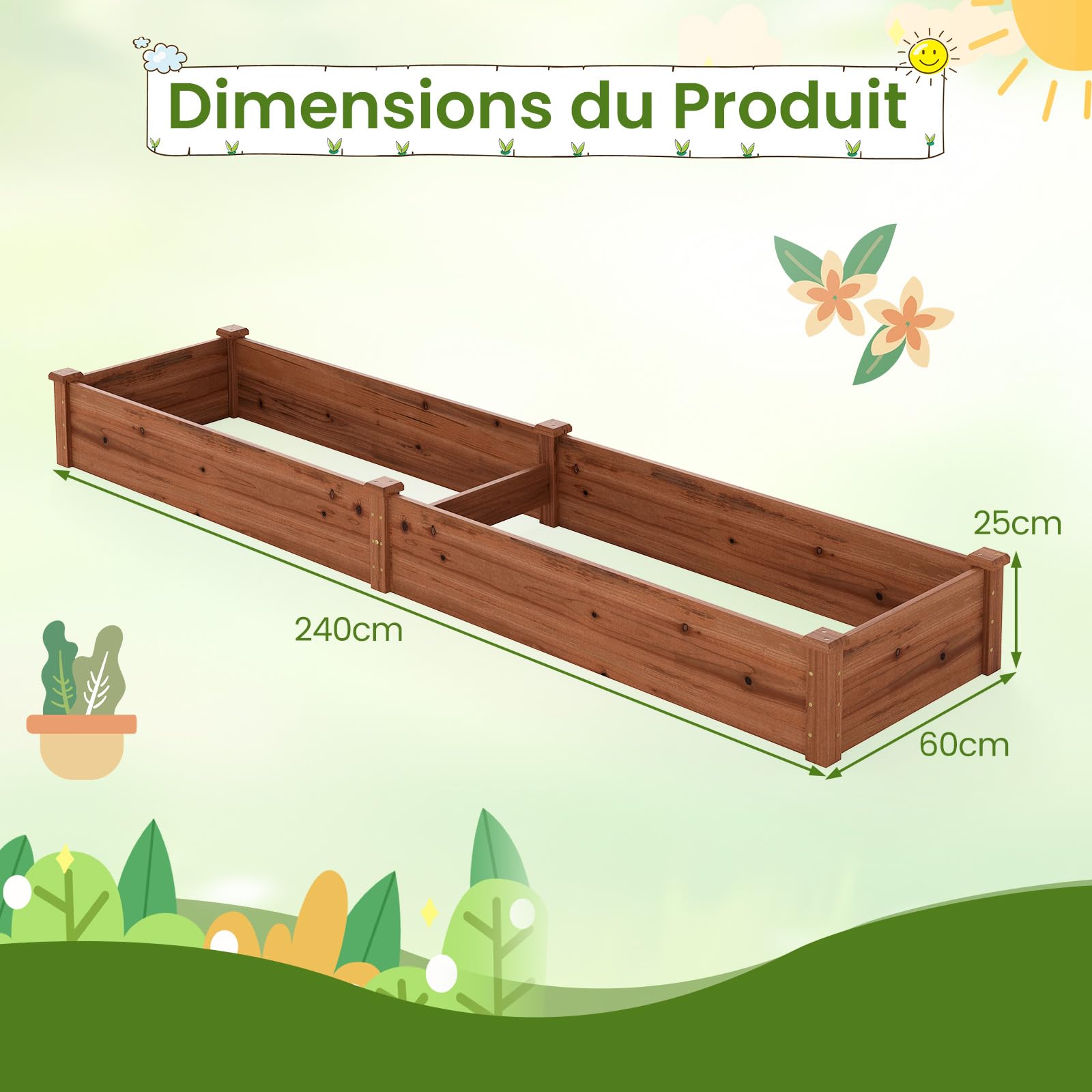 RELAX4LIFE Carré Potager en Bois de Sapin sans Fond, Jardinière Rectrangulaire Imperméable pour Légumes Fleurs Fruits, Bac à Plantes pour Cour Jardin Pelouse, 240X60X25 CM (Marron)