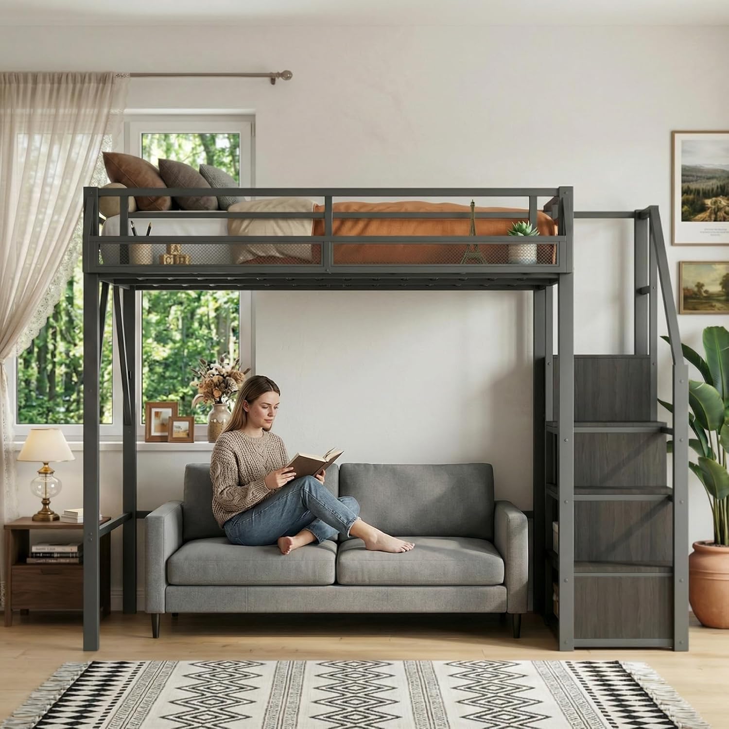 Full Size Loft Bed with Storage Stairs, Four-Sided Guardrail and Storage Shelves, Metal Loft Bed with Wardrobe for Kids, Teens and Adults, Modern Full Loftbed for Bedroom and Guest Room, Black