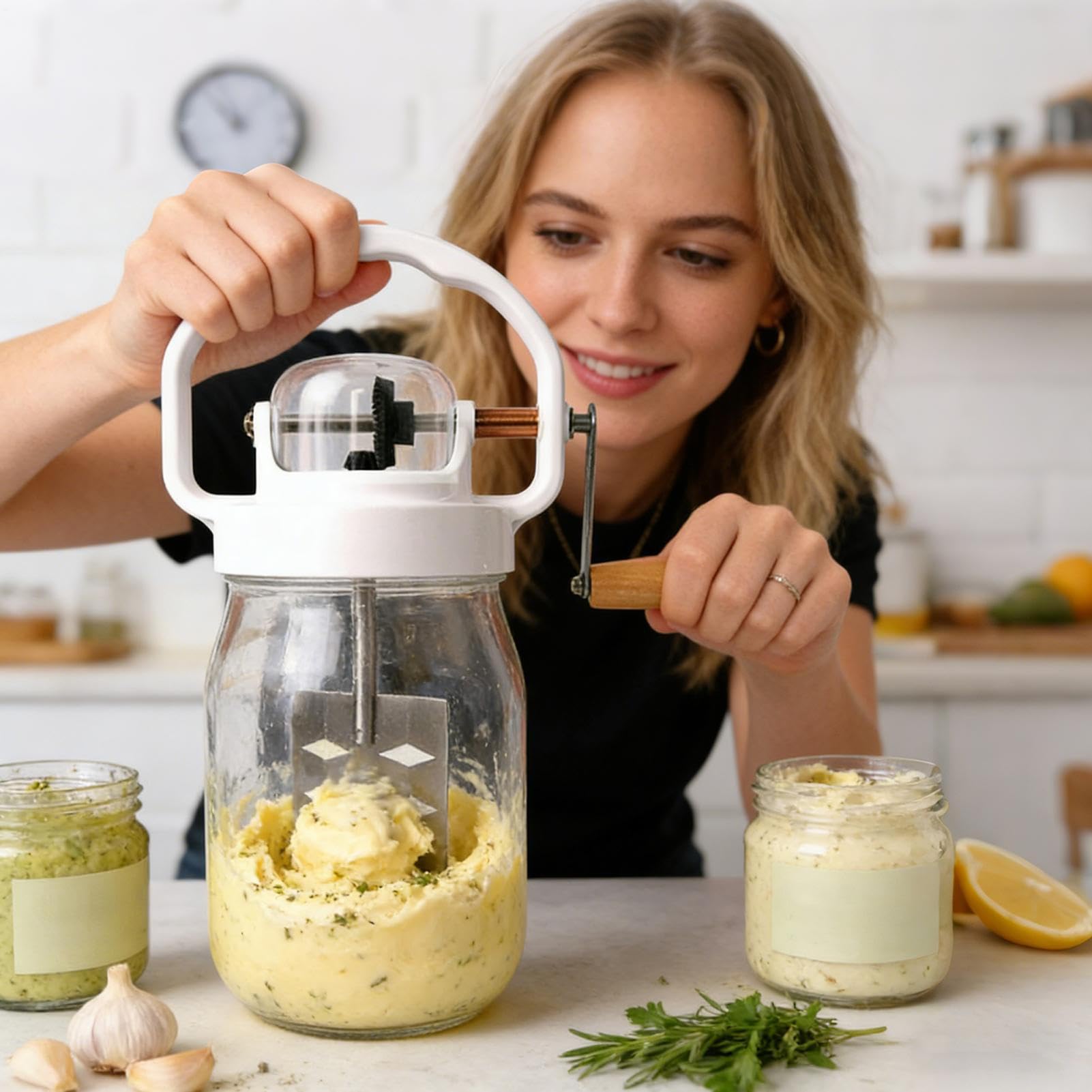 Mezclador de mantequilla Mezclador de Mantequilla de 1500 ml | con Frasco de Vidrio Varillas Manuales para Repostería, , Panqueques, Jam, Salsas, Mezclas, Alimento Infantil, Huevos