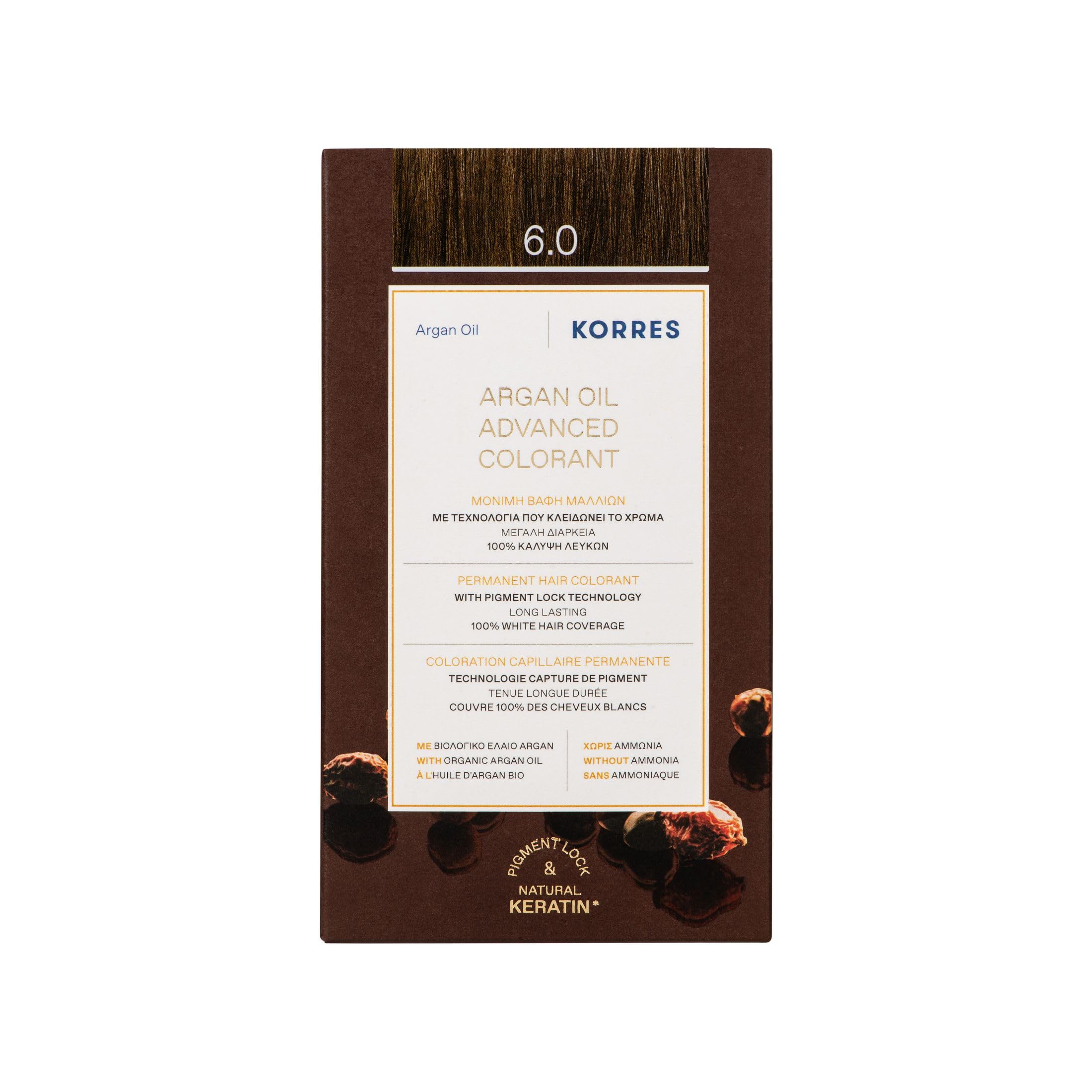 KORRES - Coloration Permanente aux Extraits Végétaux - Couvre 100% des Cheveux Blancs - Sans Ammoniaque, Sans PPD - 6.0 Blond foncé