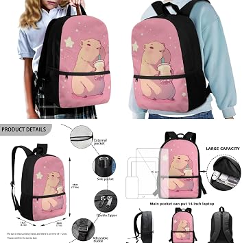 Milk Capybara Pink Backpack for School Girls Kawaii Girls School Bag with Lunch Box 6 in 1 Set Lightweight Kids Bookbag for Elementary Middle School Teens Book Bag Travel Satchel