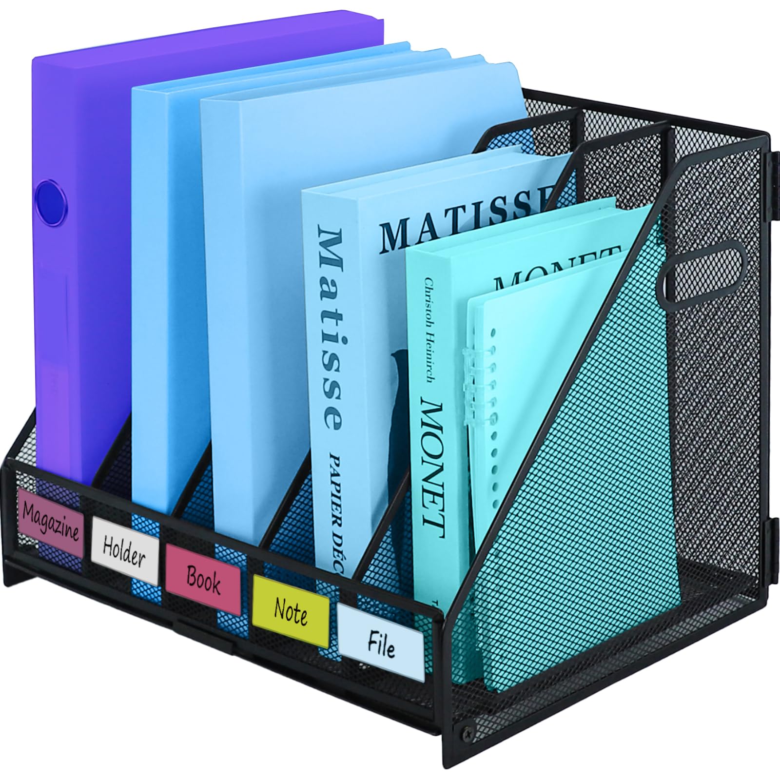TSDRBWO Desk Organizers Metal Magazine File Holder Racks Desktop Folder Storage Binder Organiser Document Organization for Home Office & Classroom,5 Vertical Compartments-Black