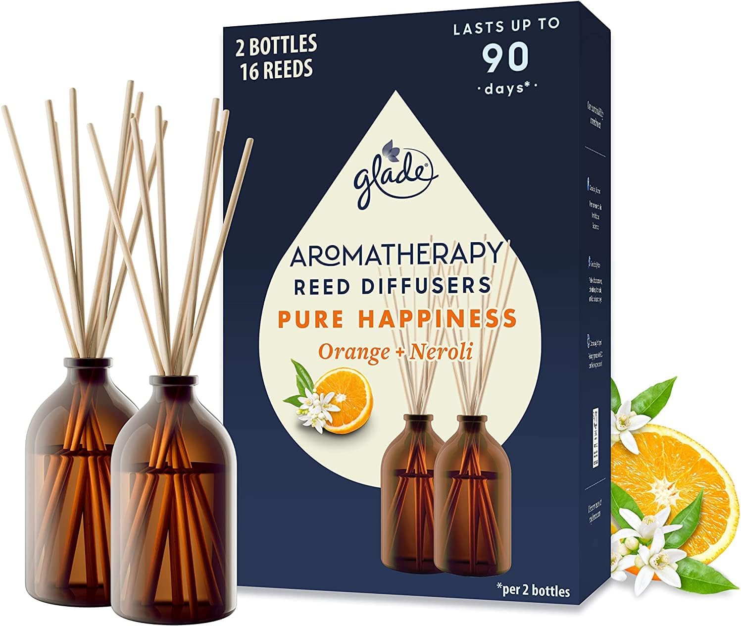 Aromatherapy Reed Diffuser Gift Set, Home Decor Essential Oils Diffuser Uplifting Fragrance, Pure Happiness with Orange & Neroli Blossom, Pack of 2 (2 x 80 ml)