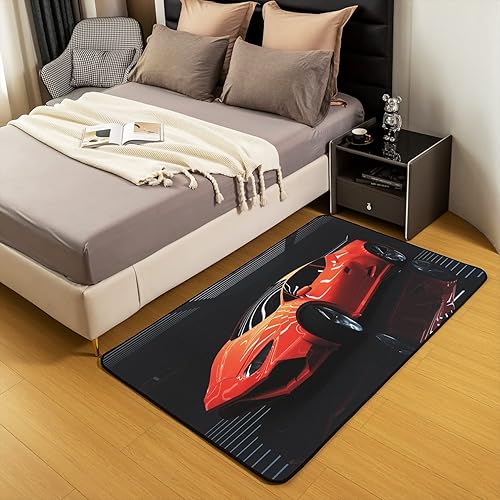 Miniatura 5 de Alfombra de área de coche de carreras de 5 x 7 pies, alfombra suave roja fresca para sala de estar, dormitorio, tapete de franela antideslizante