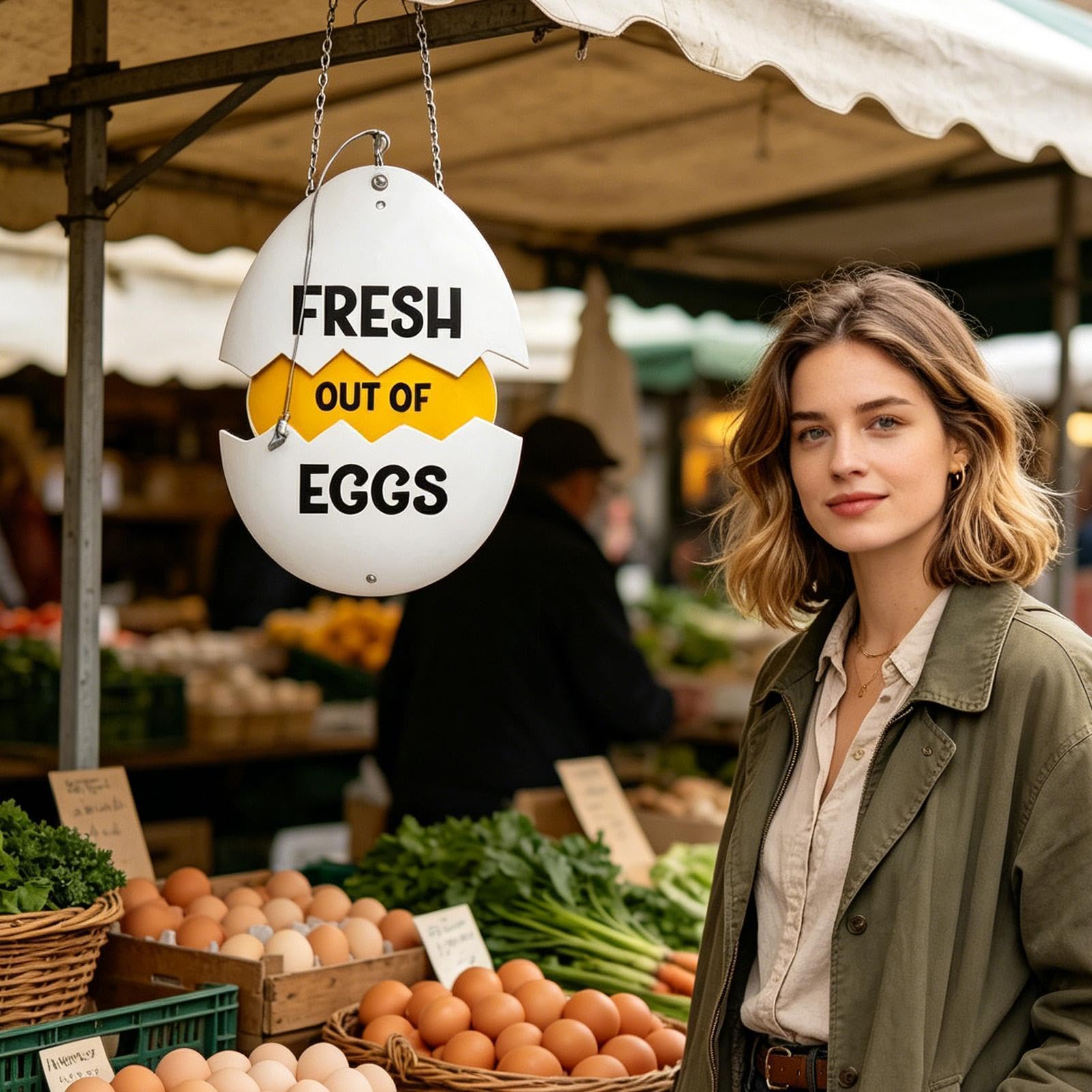 Letrero de metal con huevos frescos de granja, de madera, resistente a la intemperie, con conchas agrietadas, decoración colgante de mercado de gallineros para granja o valla al aire libre
