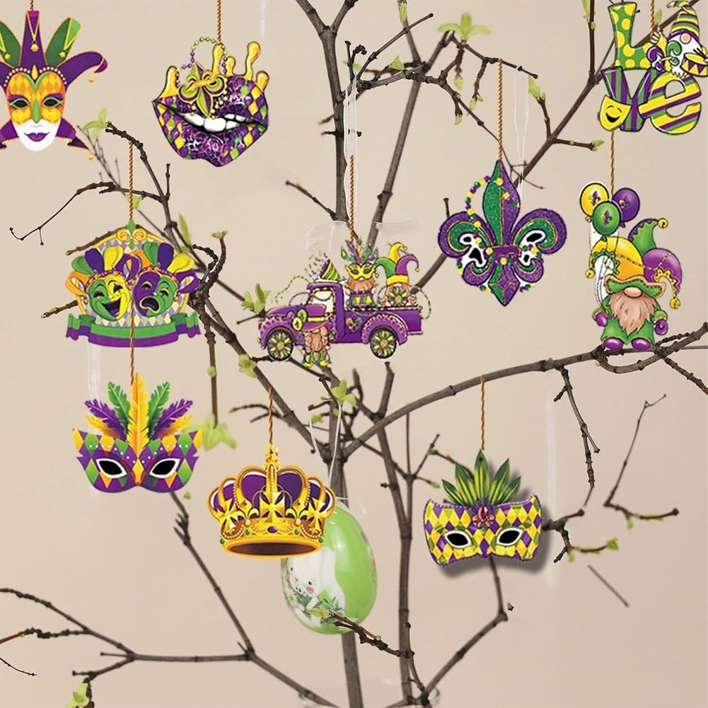 36 Pièces Suspendus Mardi Gras, Etiquettes Artisanales sur Le Thème du Carnaval, Ornement Suspendu pour Décoration de Fête du Mardi Gras