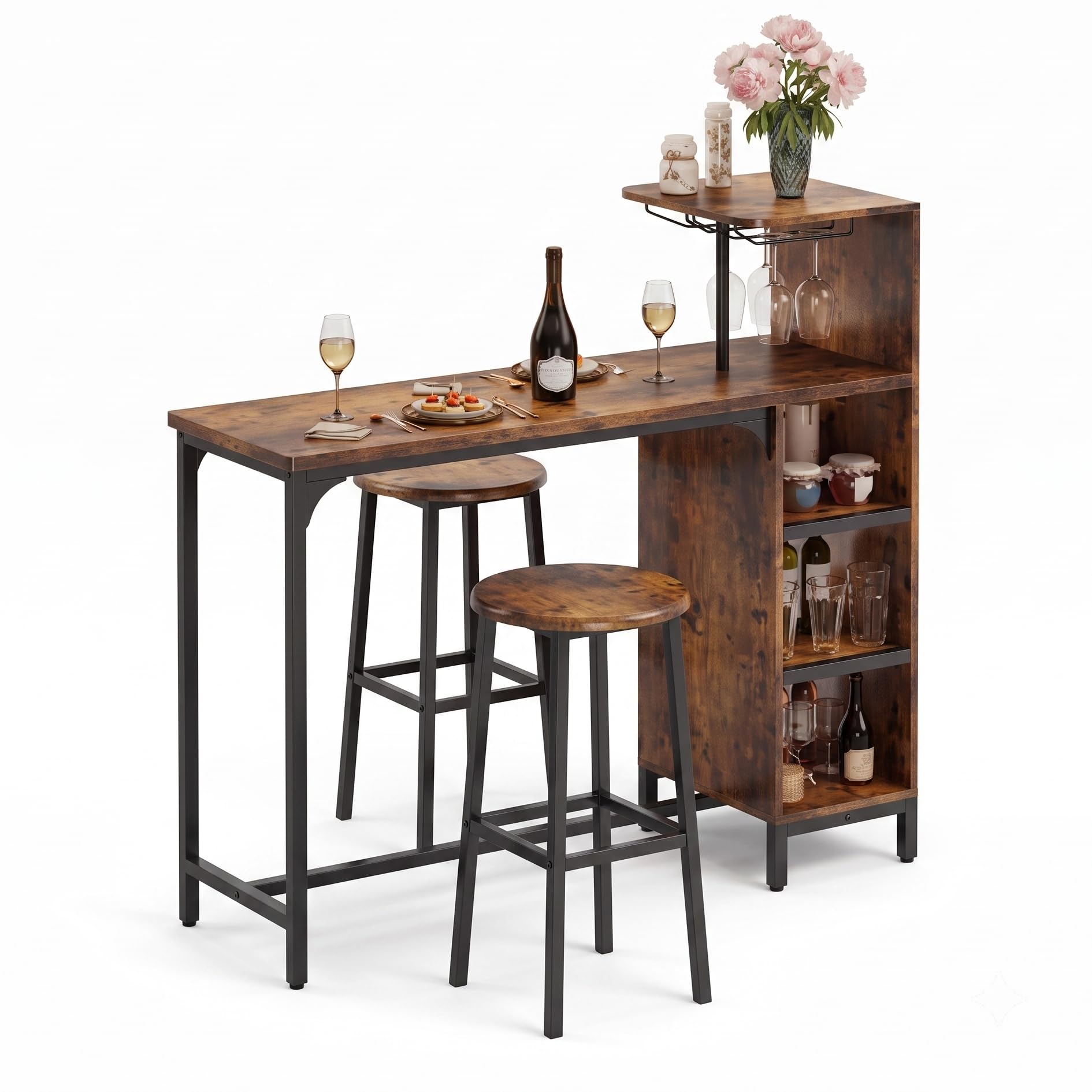 Xbro Juego de Bar con 2 Taburetes, Mesa de Bar con Portacopas de Vino y Estante, Estructura Metálica, Diseño Industrial para Bar y Comedor(Retro)