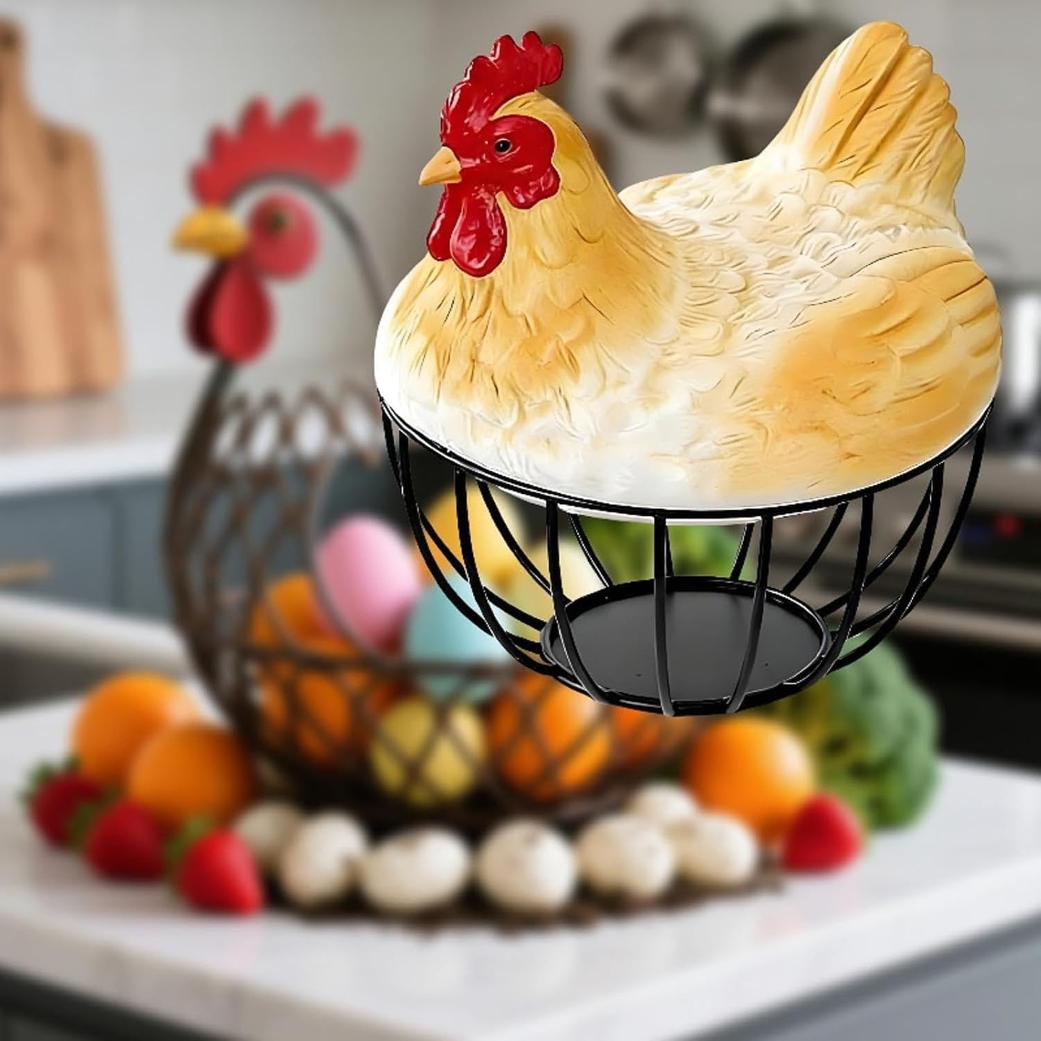 Cestino Porta Uova con Coperchio a Forma di Gallina, Decorativo per Raccolta Uova Fresche, in Filo Metallico per Piano Cucina, per Verdure e Dispensa