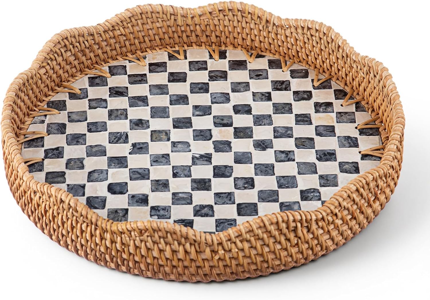 Scalloped Round Rattan Tray with Mother of Pearl Inlay 12 inch Checkered Rattan Serving Tray with Wooden Base Decorative Woven Wicker Coastal Collection for Coffee Bread Fruits Table Decor