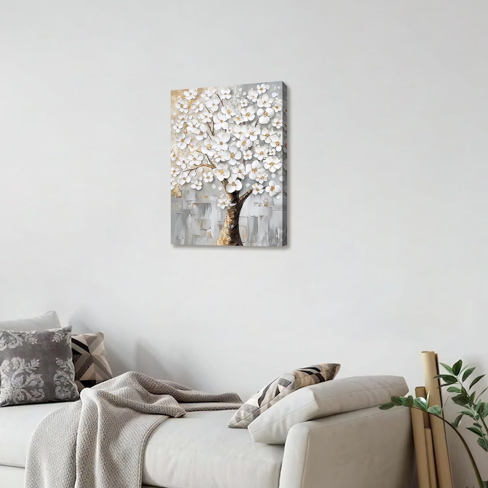 Wooden Framed Canvas Wall Art White Flowers Tree Painting on Canvas Print Poster Abstract Floral Tree of Life Pictures for Living Room Bedroom Home Office Hallway Corridor Wall Decor 40x60cm - Image 3