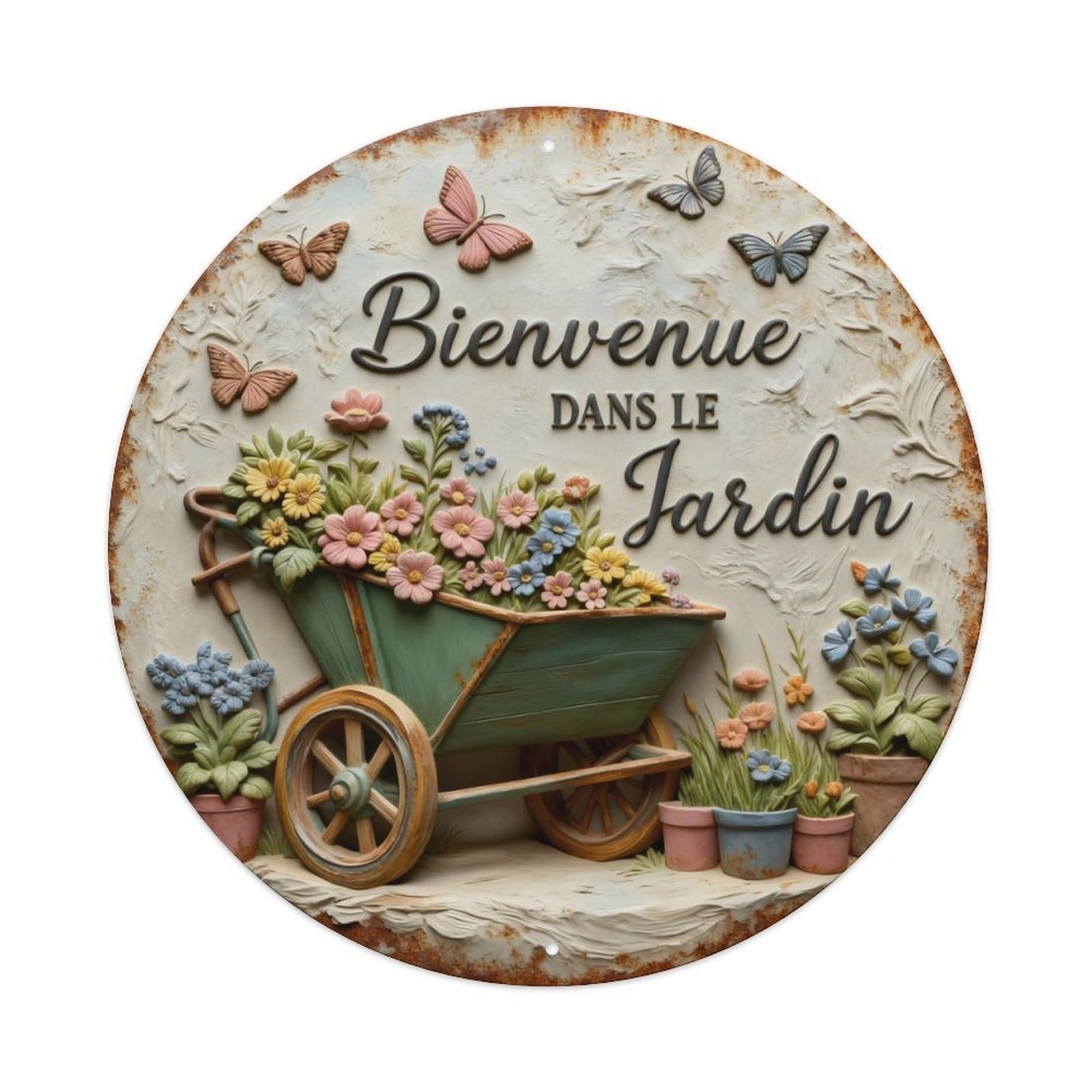 Zlatcbu Vintage Flower Cart Butterflies Garden Welcome Sign Metal Tin Sign Retro Wall Art Poster, Decor For Home Living Room Bar Cafe Garage, 8X8 Inch