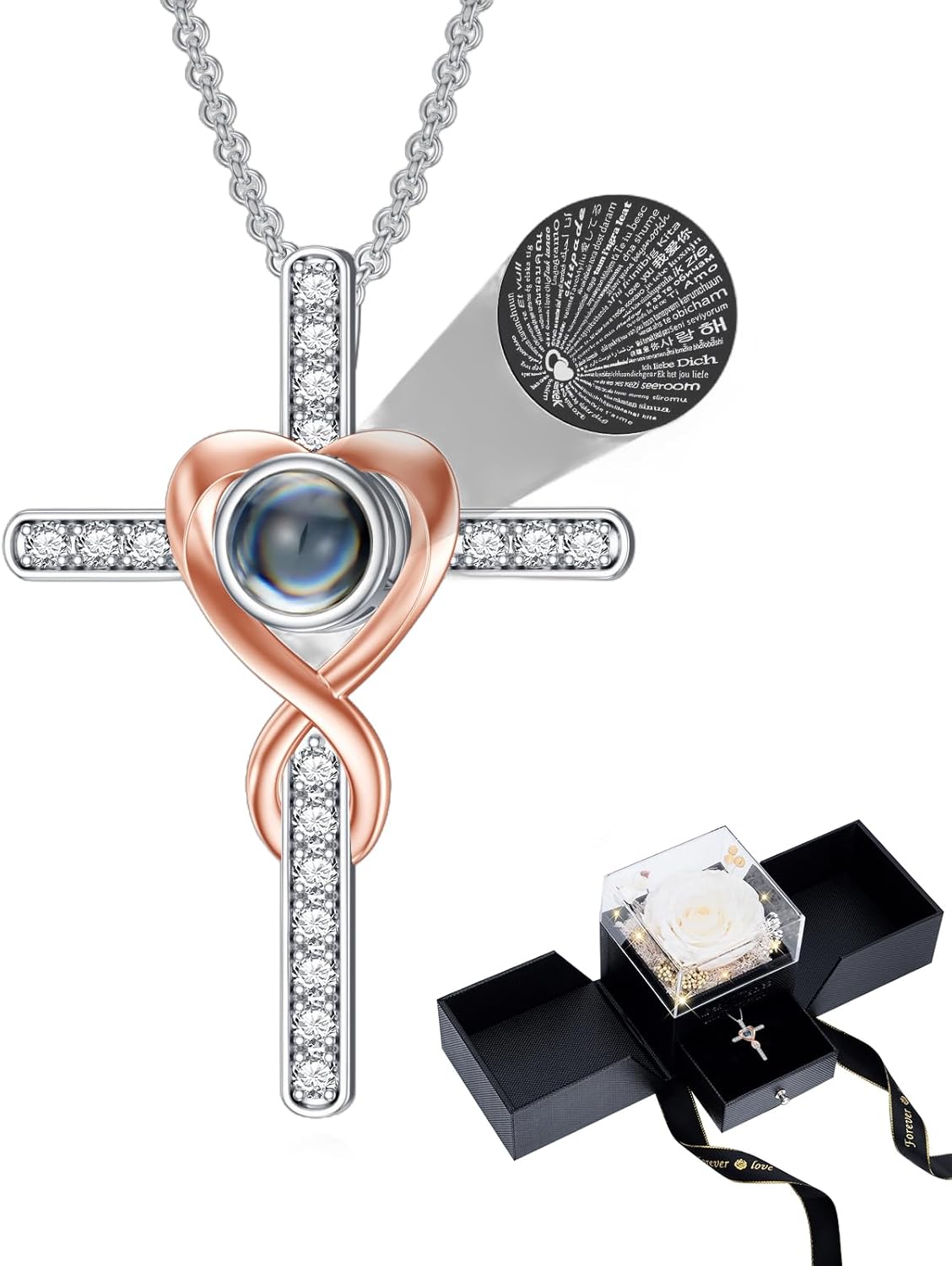 SOULMEET Preserved Real Rose 100 Languages I Love You Projection Necklace Eternal Flowers Rose Projection Necklace Gifts for Her Mom Wife on Christmas Valentine Mothers Day