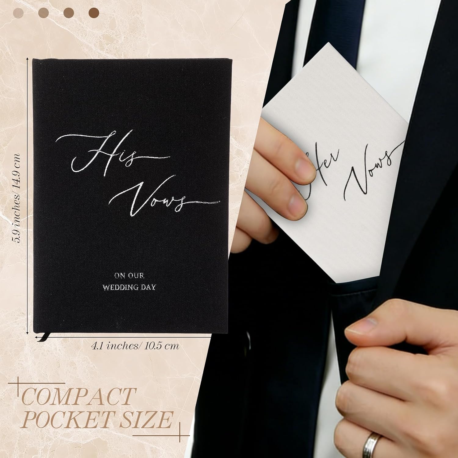 Set of 2 Wedding Vow Books His and Hers Fabric, Black, Ivory