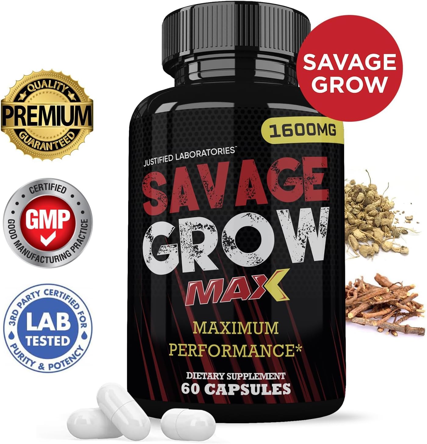Justified Laboratories (3 Pack Savage Grow Max 1600MG Advanced Men's Heath Formula180 Capsules