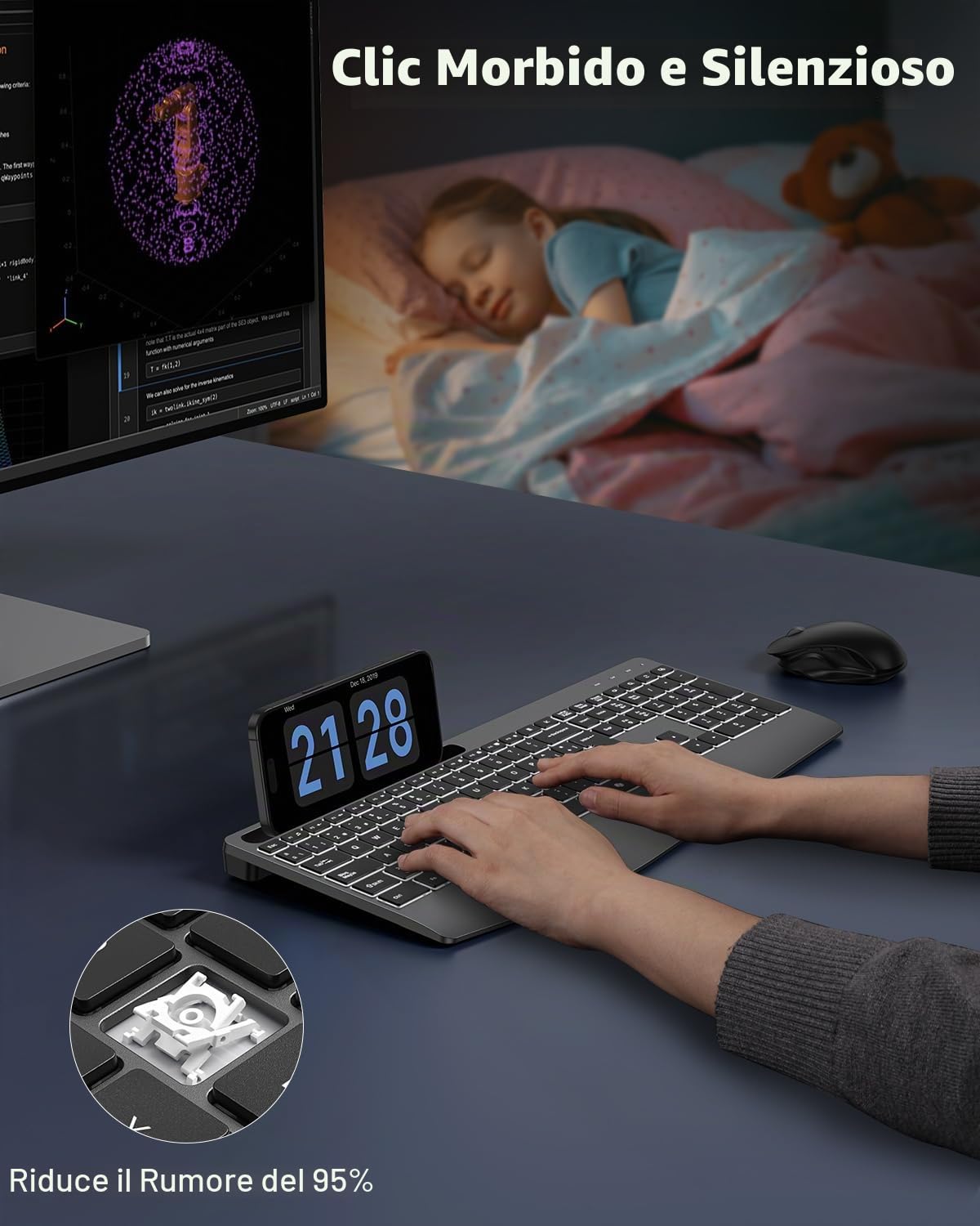 TECURS Tastiera senza fili 2,4 GHz layout QWERTY spagnolo con poggiapolsi, nero (grigio)