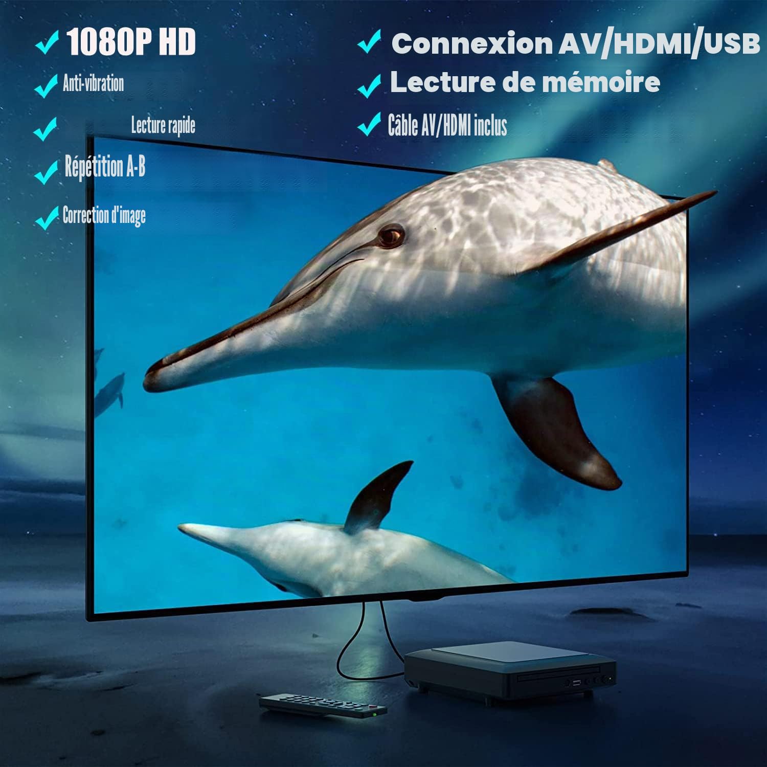 Mini lecteur DVD portable pour téléviseur avec câble HDMI/RCA, lecteur CD HD 1080p pour TV, toutes les régions, mémoire Breakpoint, Pal/Ntsc intégré, USB 2.0