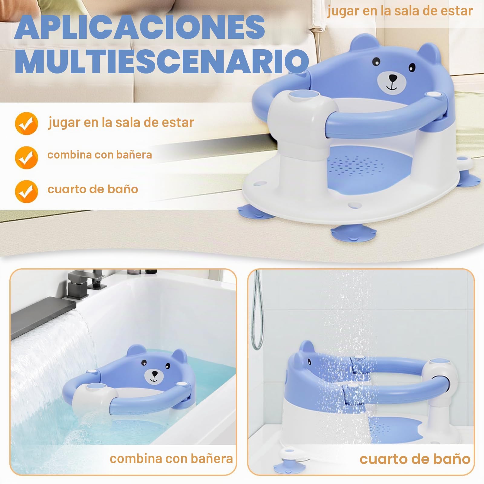Asiento de Baño para Bebé 6-24 Meses, Silla Baño Bebe con 4 Fuertes Ventosas, Respaldo Ergonómico, Barra de seguridad, Antideslizante y Cómoda, Regalo para Recién Nacidos y Nuevas Madres(Azul)