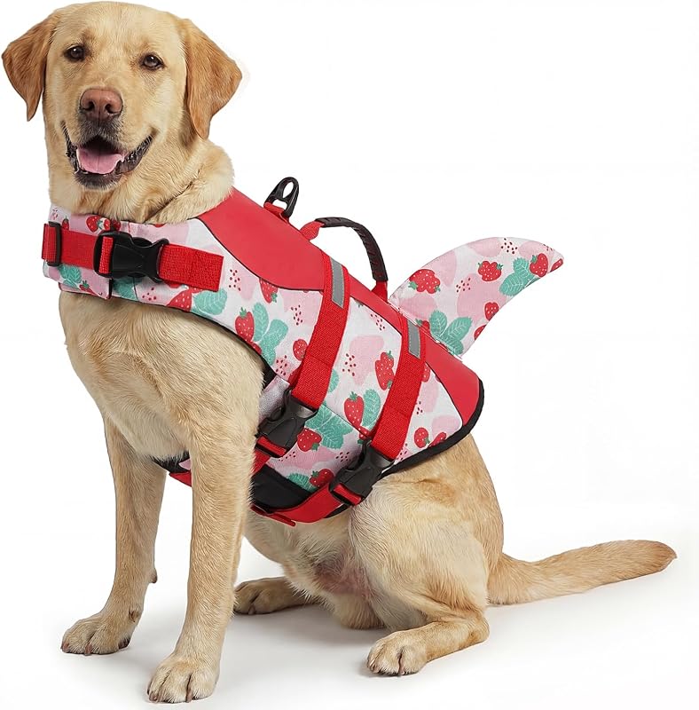 ASENKU Dog Life Jacket - Pet Safety Vest for Swimming & Boating, Shark Life Jacket with Floatation, Dog Lifesavers Swimsuits for Small Medium Large Dogs (Strawberry, 2XL)