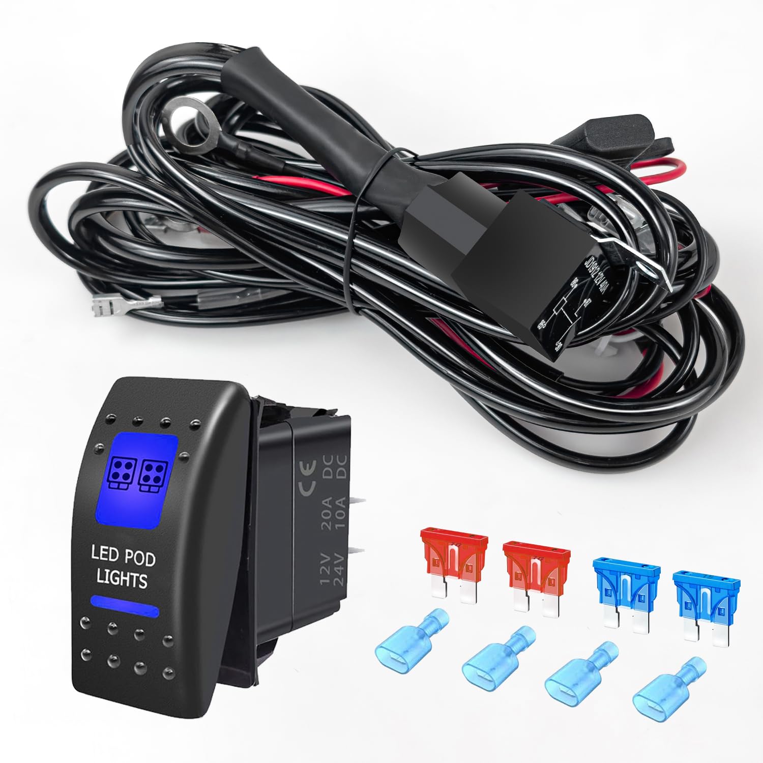 FXC LED Light Bar Wiring Harness Kit 16 AWG Heavy Duty 12V 5Pin Rocker Laser On Off Waterproof Switch Power 40A Relay Blade Fuse-2 Lead for Cars Boat