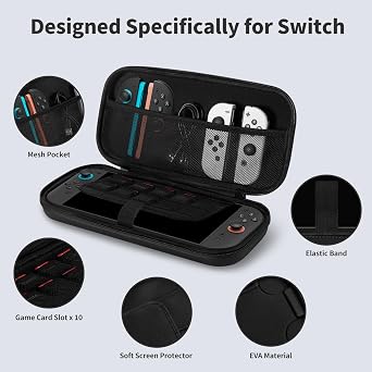 Switch 2 Carrying Case and Screen Protectors Accessories Bundle, Switch2 Travel Cases with Tempered Glass Protectors, Clear Dockable Case, Ergonomic Joypad Grip Covers, 16 Game Cards Cartridge - Black
