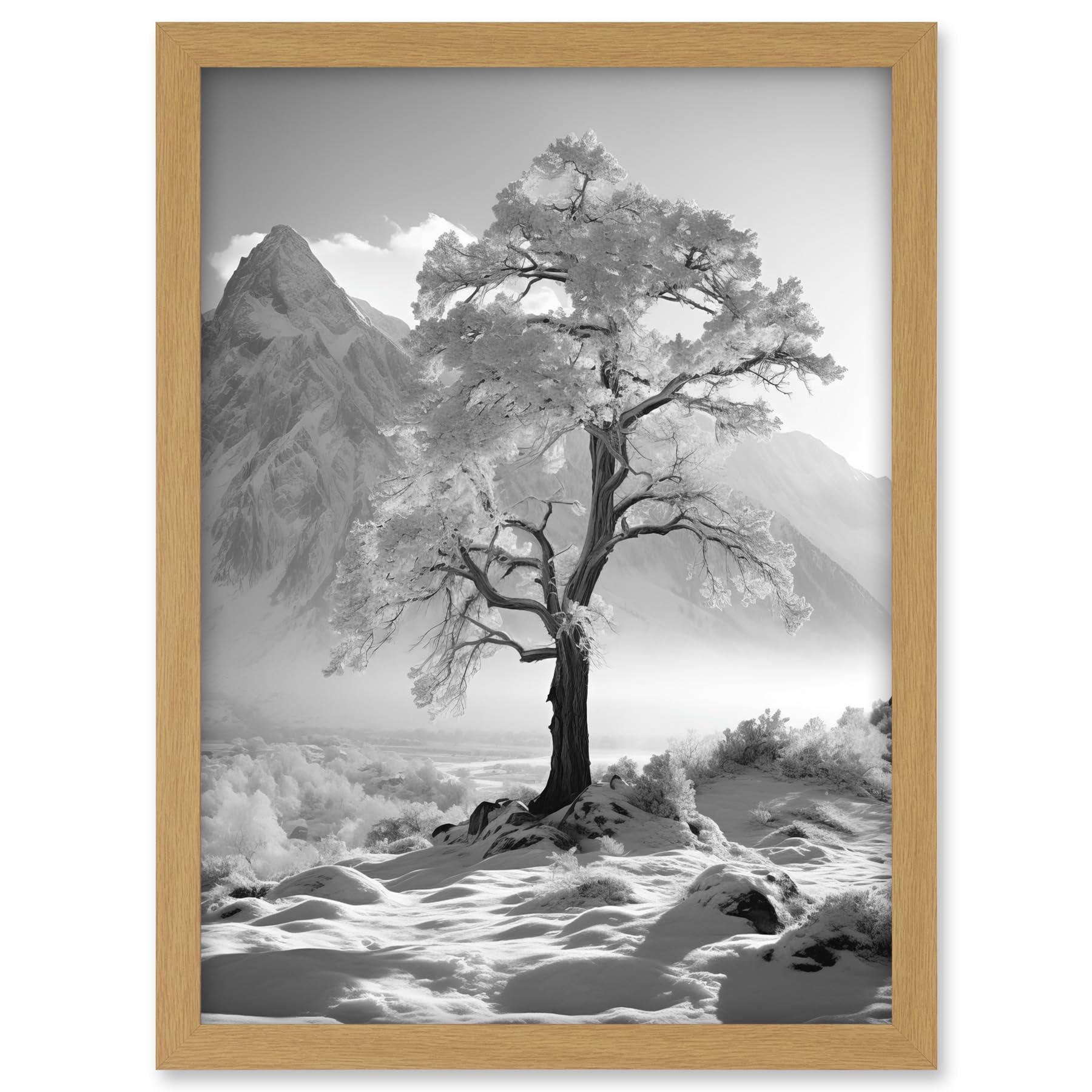 Artery8 Frozen Tree in Snowy Mountain Landscape Bright Black and White Photograph Winter Sunrise Crisp Morning Light Artwork Framed A3 Wall Art Print