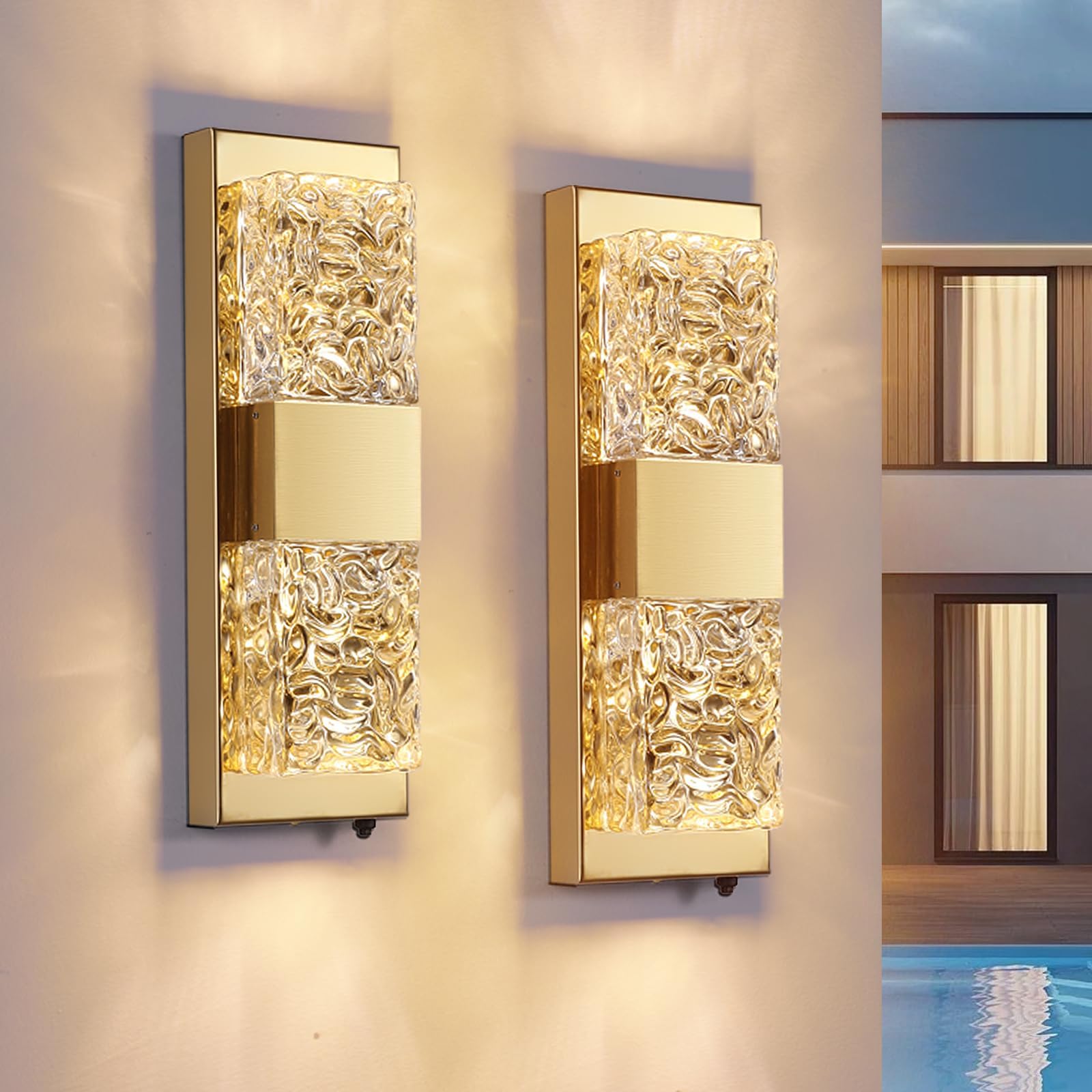 Photo 1 of HITOO Dusk to Dawn Outdoor Lighting,Porch Lights Outdoor 14.2'' IP65 Waterproof Exterior Lighting Fixtures 12W LED Crystal Modern Outside Lights for Hallway Doorway Porch Patio Backyard, Gold, 2PCS