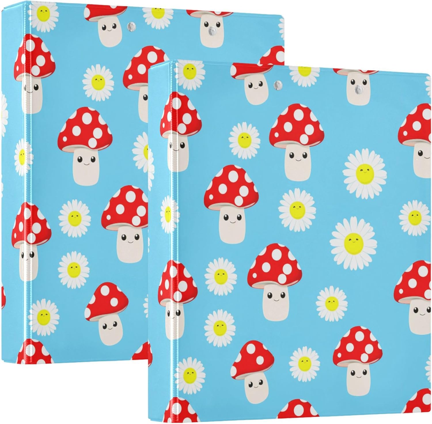 Mushrooms and Daisies 3 Ring Binders, 1.5” Round Ring Binders with Clipboard - Letter Size, 3 Interior PVC Clear Pockets & Anti-Slip Clip for Office School Supplies, 2PCS