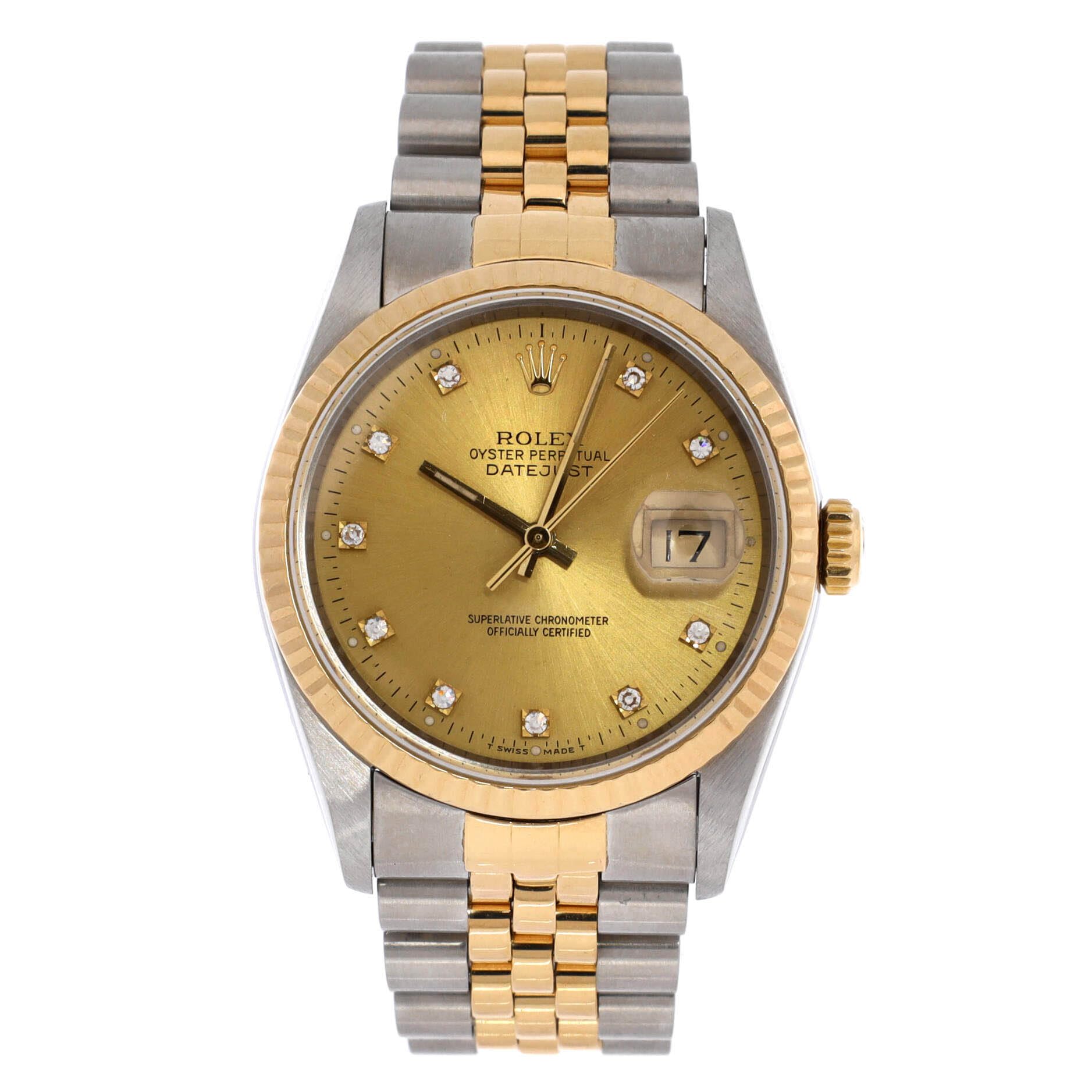Rolex Pre-Loved Oyster Perpetual Datejust Automatic Watch Stainless Steel and Yellow Gold with Diamond Markers 36