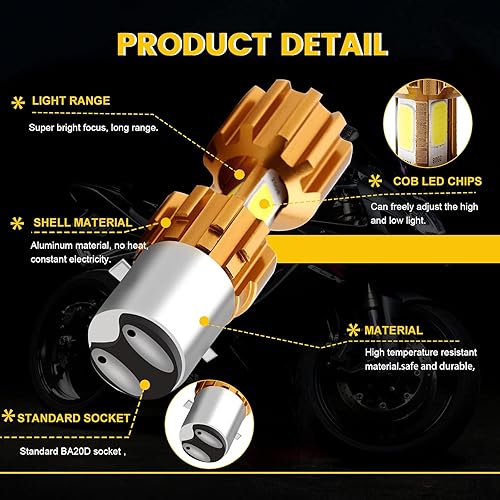 Miniatura 3 de YM E-Bright BA20D - Bombilla para motocicleta, 3 bombillas LED COB de 18 W, haz alto y bajo, color blanco, paquete de 2