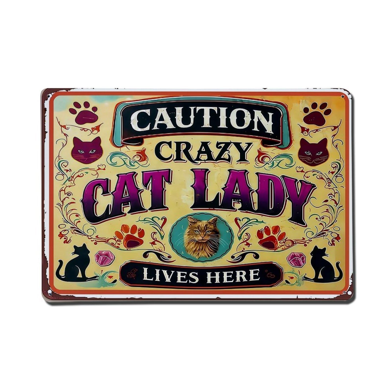 Nestemfo Vintage Caution Crazy Cat Lady Lives Here Tin Sign Metal Sign, Living Room,Bar, Home, Bedroom Wall Decor,Retro Metal Poster 8X12 Inches