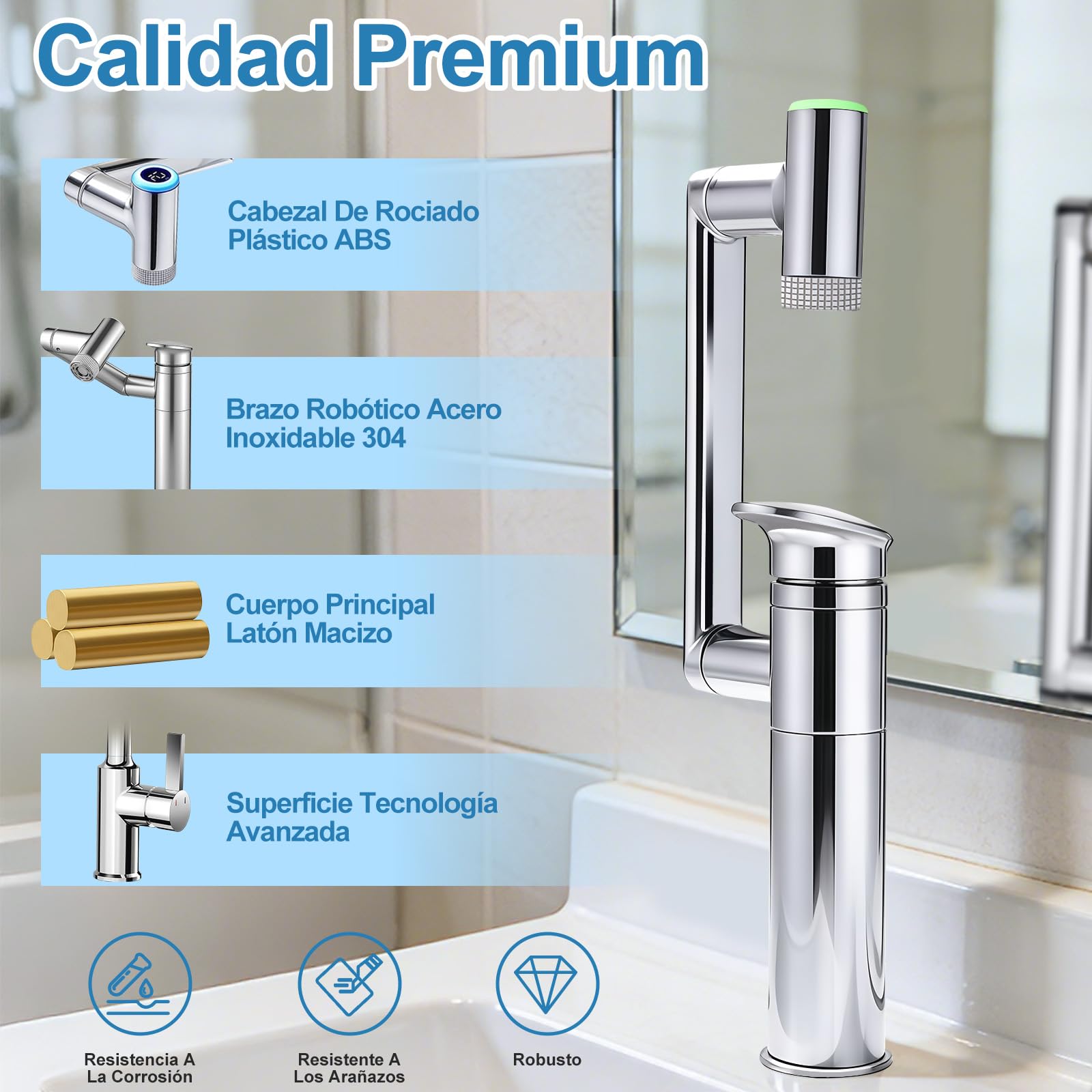 Grifos de baño, grifo de baño con indicador de temperatura, grifo mezclador de lavabo giratorio 1080°, grifo de lavabo, altura ajustable, grifo monomando (batería)