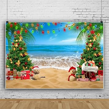 Summer Beach Christmas Backdrop Xmas Tree Santa Gifts Hawaii Beach Party Photography Background for July Christmas Birthday Holiday Banner Blue Ocean Decor Photo Studio Props Polyester 10x8ft