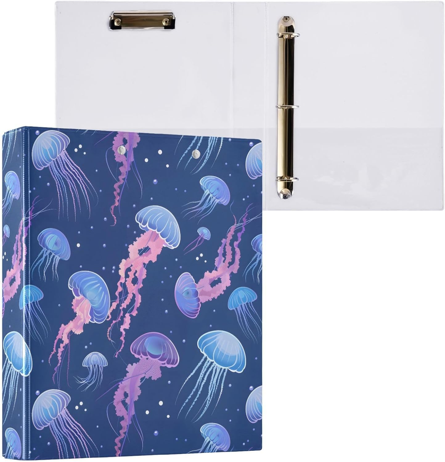 JIPONI 3 Ring Binder Blue Jellyfish Ocean 1 Inch Round Binders for Men Women Students, Cute File Organizer for Office School, 2pcs