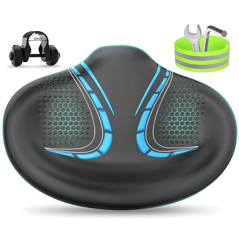 BLUEWIND New Noseless Oversized Bike Seat, Wide Bicycle Saddle Novel Backrest Design for Electric Bike, Universal Fit Exercise Bike or Road Stationary Bike Seat Cushion for Men & Women (BLUE)