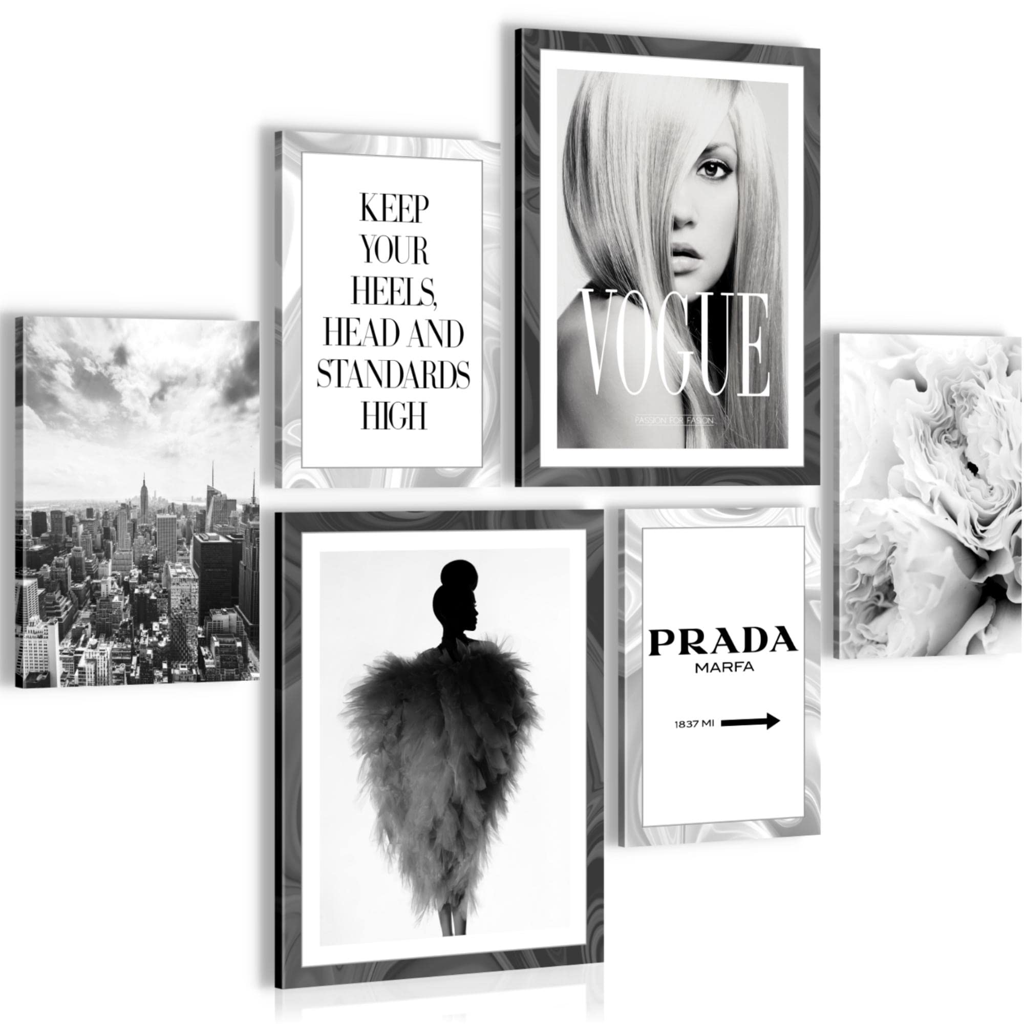 Novart Wandbilder Set Fashion Beauty Schwarz Weiss - KEIN EXTRA RAHMEN BENÖTIGT - Modern Deko - Wohnzimmer Mädchen Teenager N015763a
