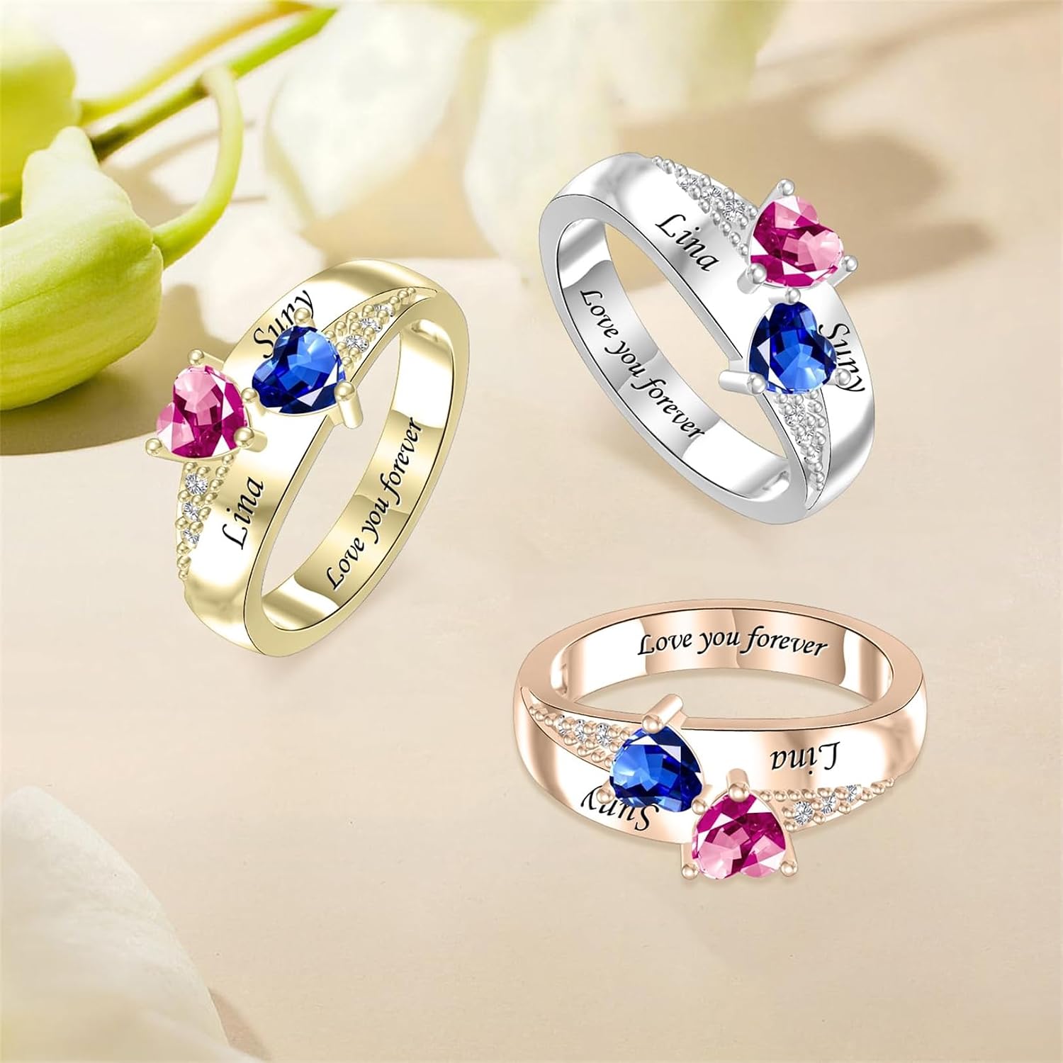 LucySky 925 Sterling Silver Personalized Mothers Ring with 2 Birthstones Promise Rings for Her Wedding/Valentine's Day/Mother's Day Jewelry Gift for Mom Wife