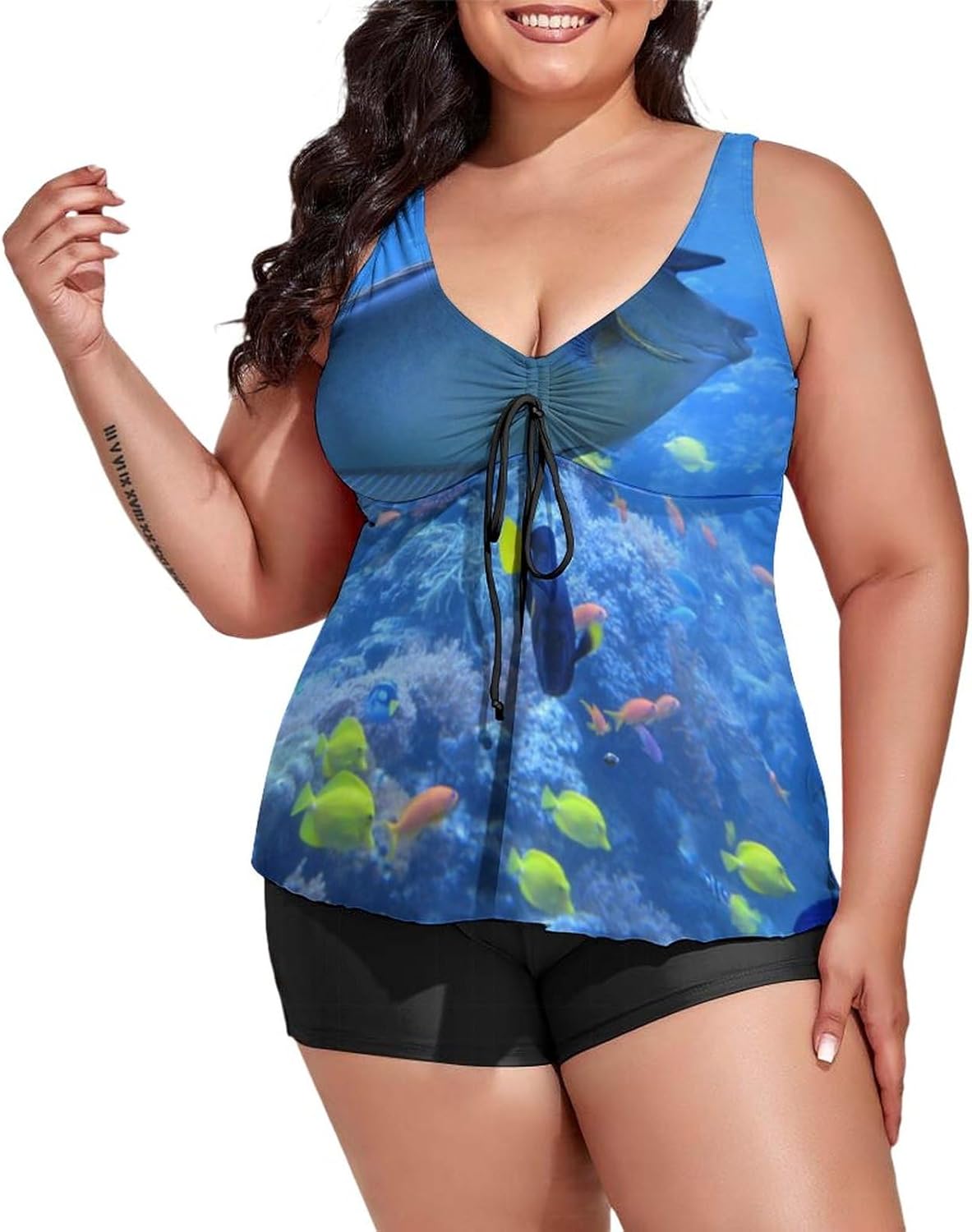 Women's Plus Size Tankini Swimsuit Goldfish Two Piece Swimdress Bathing Suit with Shorts Tummy Control Swimwear Under Sea
