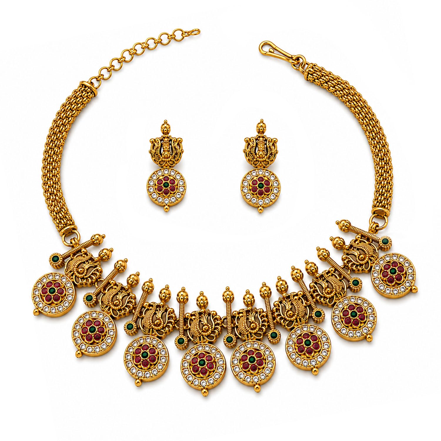FASHIONS 18K Gold Plated Traditional Adjustable Anti Tarnish Necklace Choker Stud Earrings Antique Lakshmi Coin Neck Piece Jewellery Golusu kammalu Set For Women & Girls-image-23