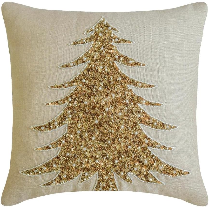 Christmas Decorative Throw Pillow cover, 26"x26" Gold Linen Pillowcase, Modern Christmas Tree Holiday Decorative Pillow Cover For Sofa Couch, Hotels, living Room, Bed Room - Glittering Pine