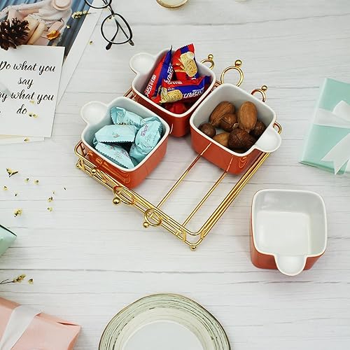 Miniatura 3 de Bandeja de metal de cerámica con asa, 4 cuencos extraíbles que se utilizan para aperitivos, papas fritas, frutas, dulces y condimentos, fiestas de