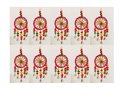 Sphinx multicolored handmade pom pom gota golden beads and bells dream catcher wall hangings for decoration - (A1, 10)