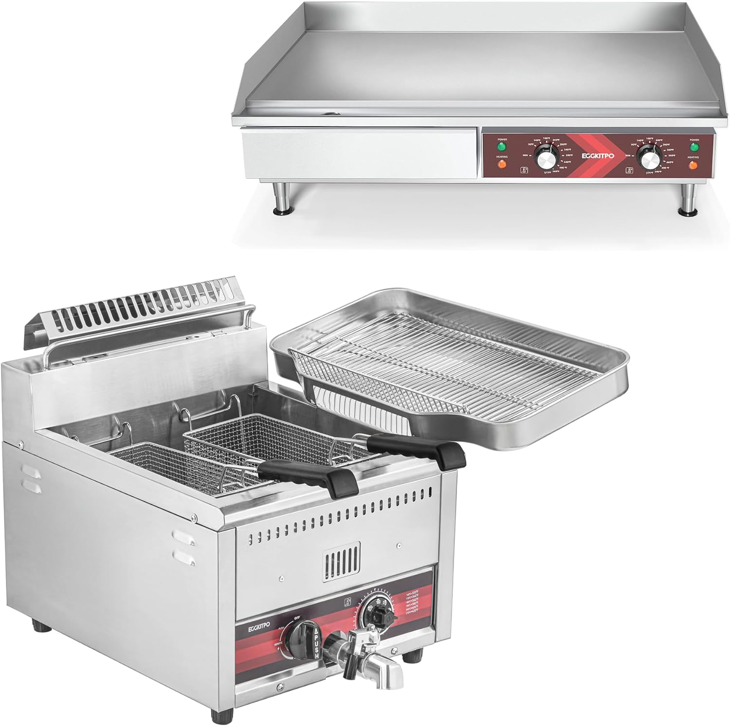 EGGKITPO 29 Inch Commercial Electric Griddle Non-stick Countertop Griddle and 45.6LB LPG Gas Fryer with Ignition 22200 BTU/H