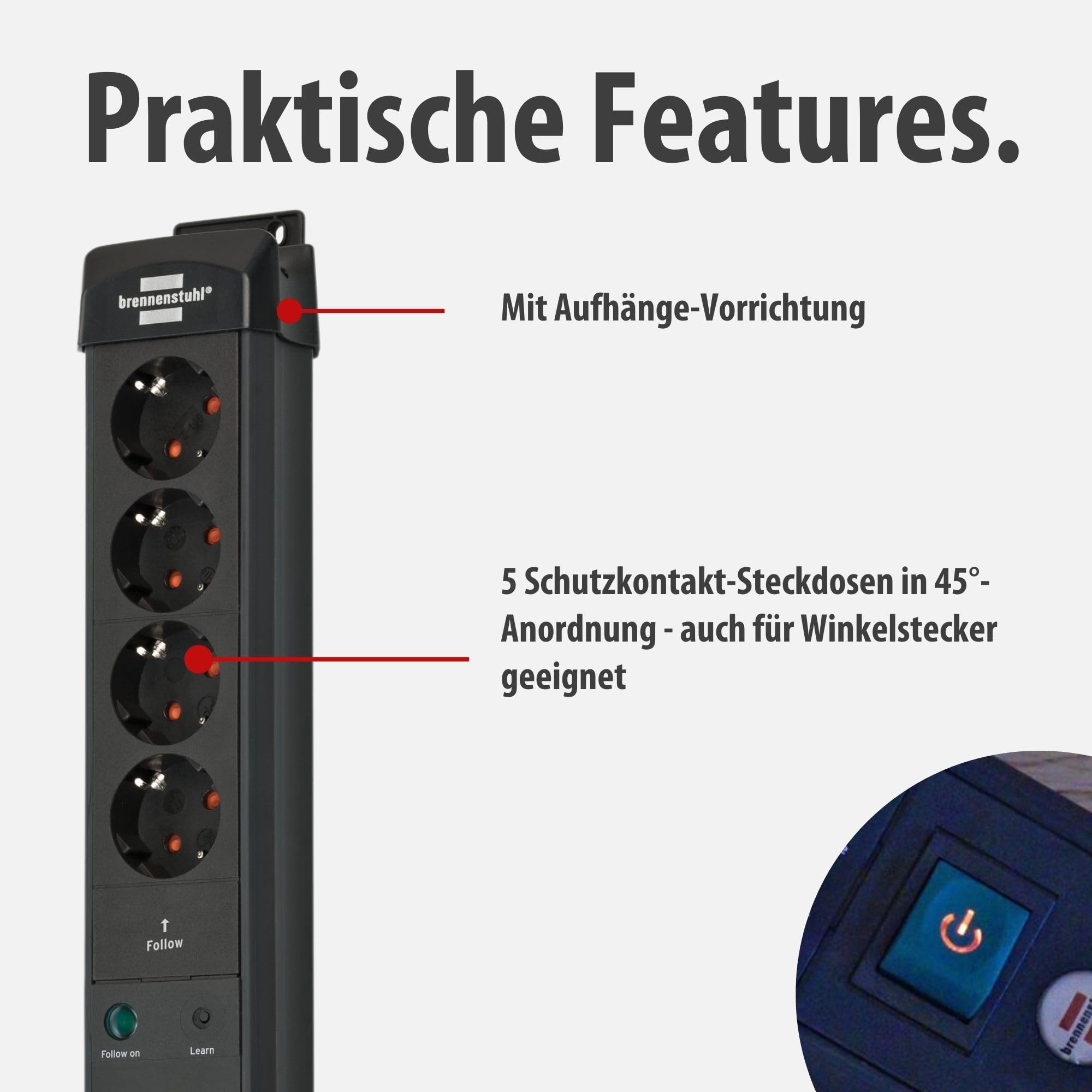 Brennenstuhl Premium-Line Steckdosenleiste 5-Fach mit Überspannungsschutz und Main-Follow Funktion (Mehrfachsteckdose mit Schalter und 3m Kabel, Steckdosenleiste Wandmontage, Made in Germany) schwarz