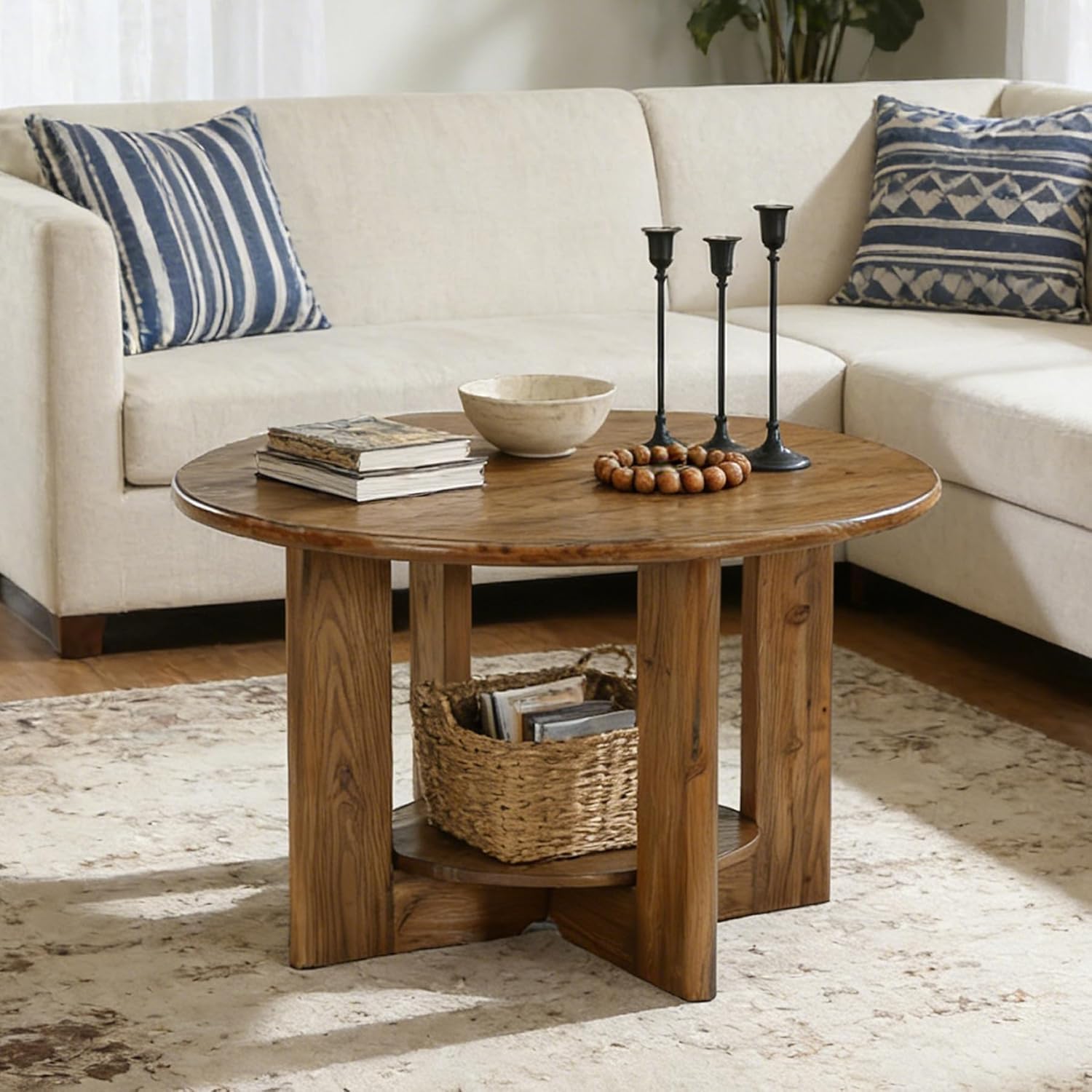 Tribesigns Table Basse Ronde 80 cm, 2 Niveaux avec Rangement, Bois Massif, Style Maison de Campagne, Marron Rustique – Table d’Appoint pour Salon