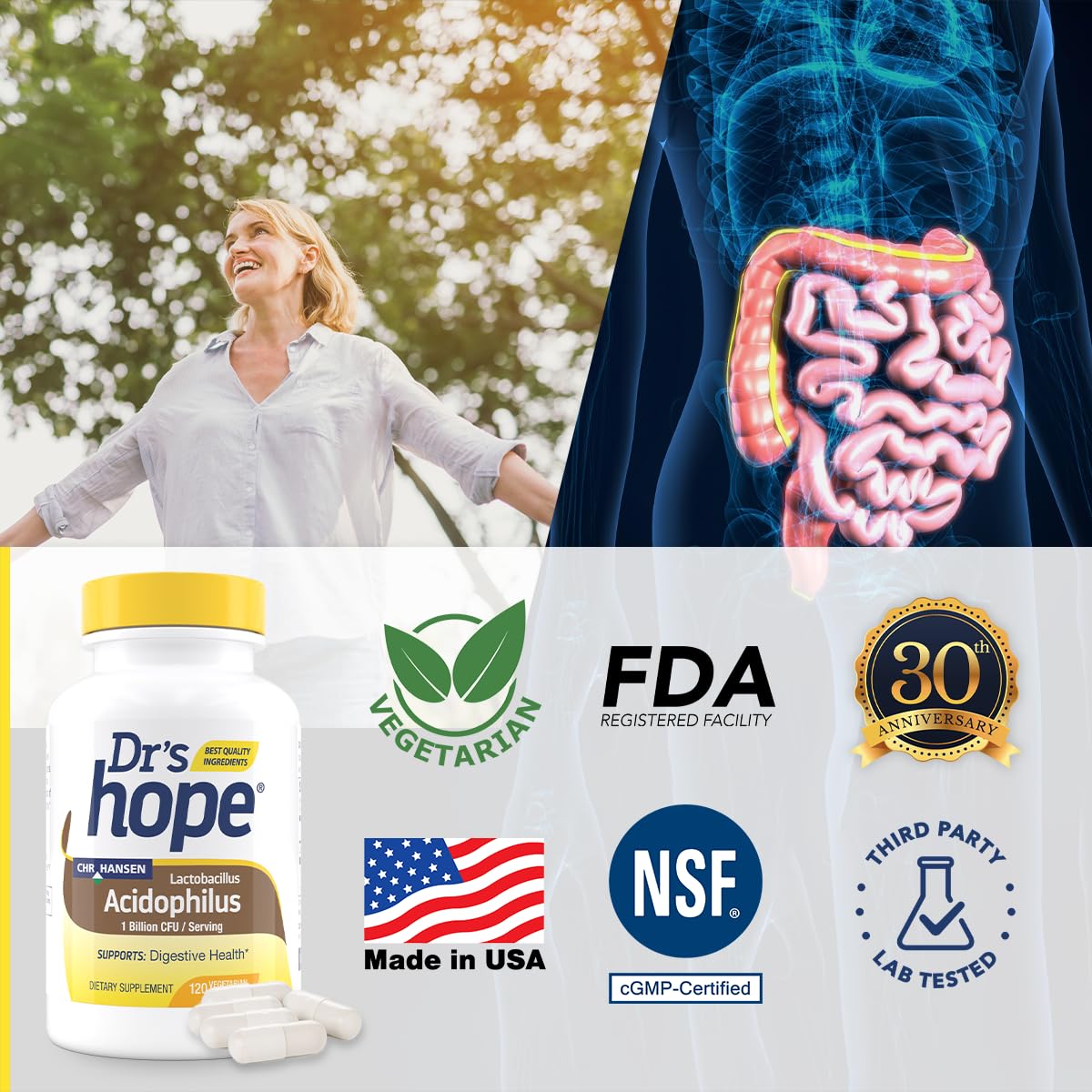 Lactobacillus Acidophilus 1B CFU, Probiotics for Digestive Health - Supports Digestive Health, Immune Function, and Overall Gut Health - 120 Veggie Capsules, Made in The USA