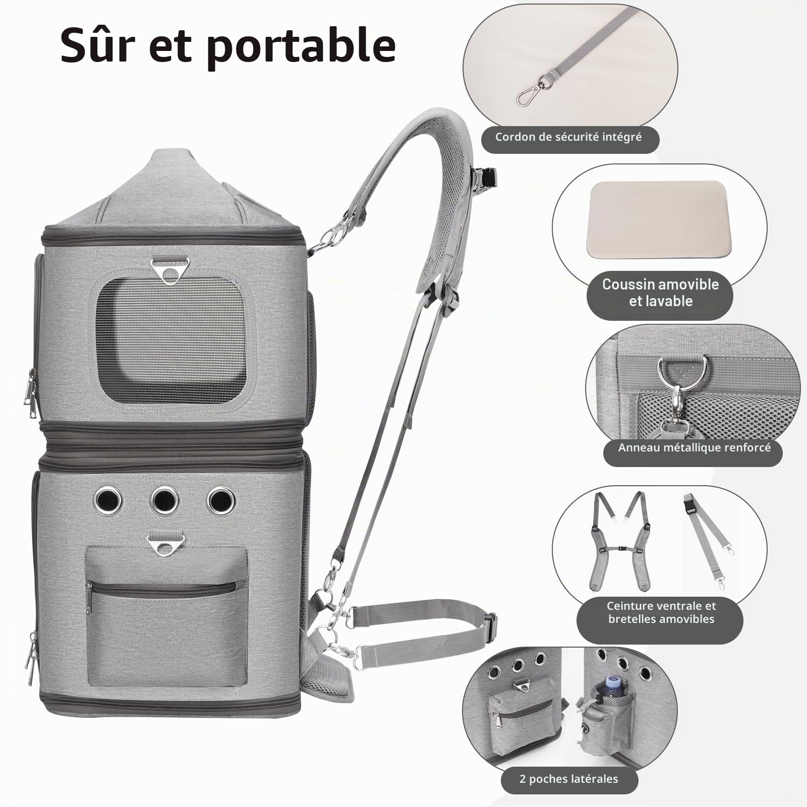 Sac à Dos de Transport pour Animaux à Double Compartiment Amovible, pour 2 Chats ou Petits Chiens, Compartiments supérieur et inférieur séparés, 6 kg par Niveau