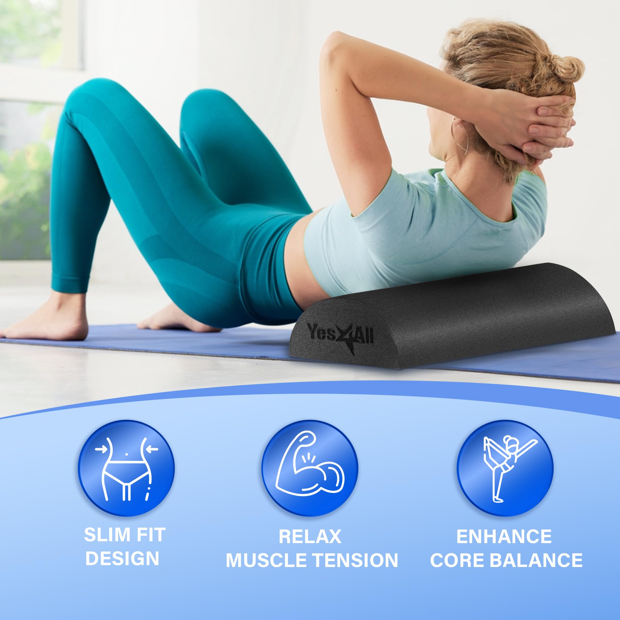 Yes4All Mezza rullo in schiuma di polietilene, rotondo, densità morbida, per massaggio alla schiena, esercizi di yoga, 61 cm