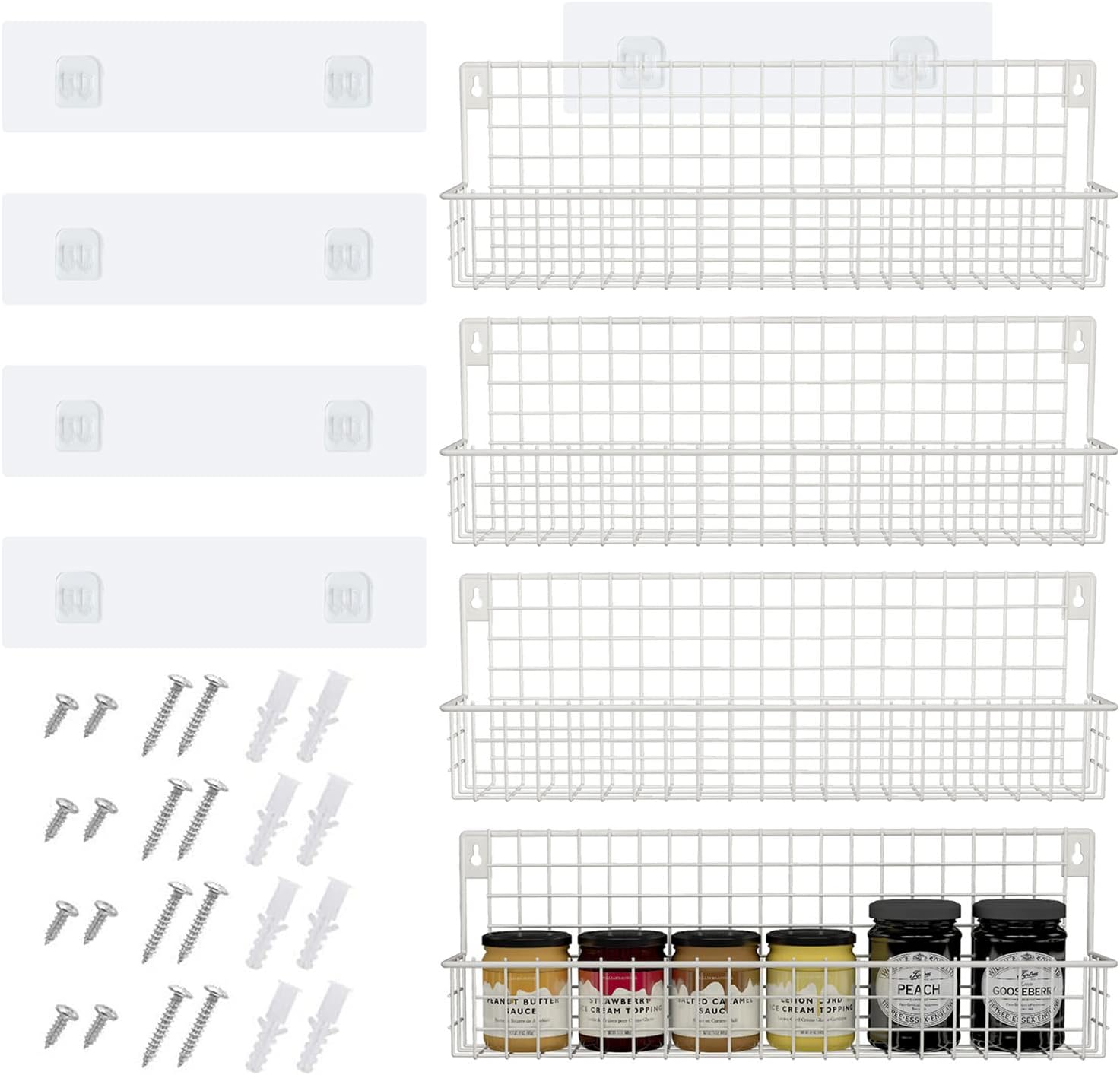 meluke Wall Mounted 4 Tier Metal Spice Rack Organizer for Cabinet Door, 16.5"L x 2.4"W x 5.5"H, White